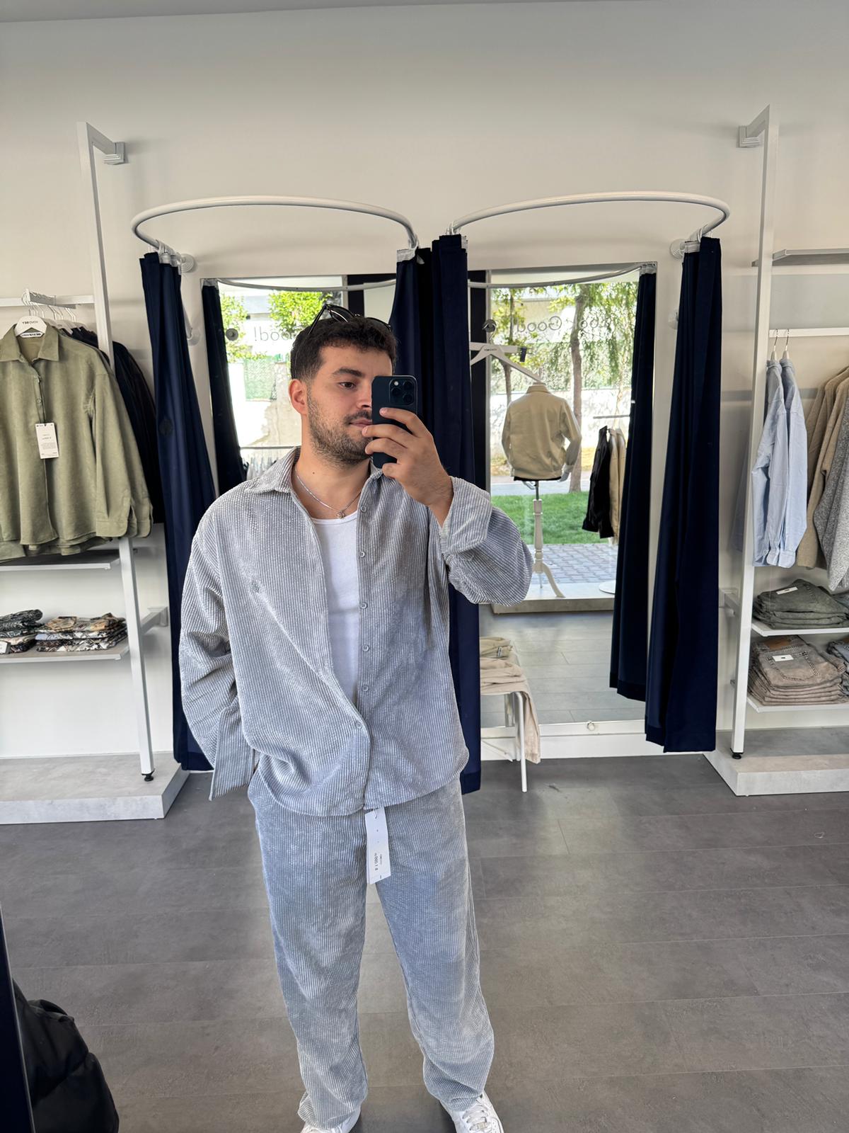 Kadife Kumaş Oversize Gömlek (VV386) - Gri