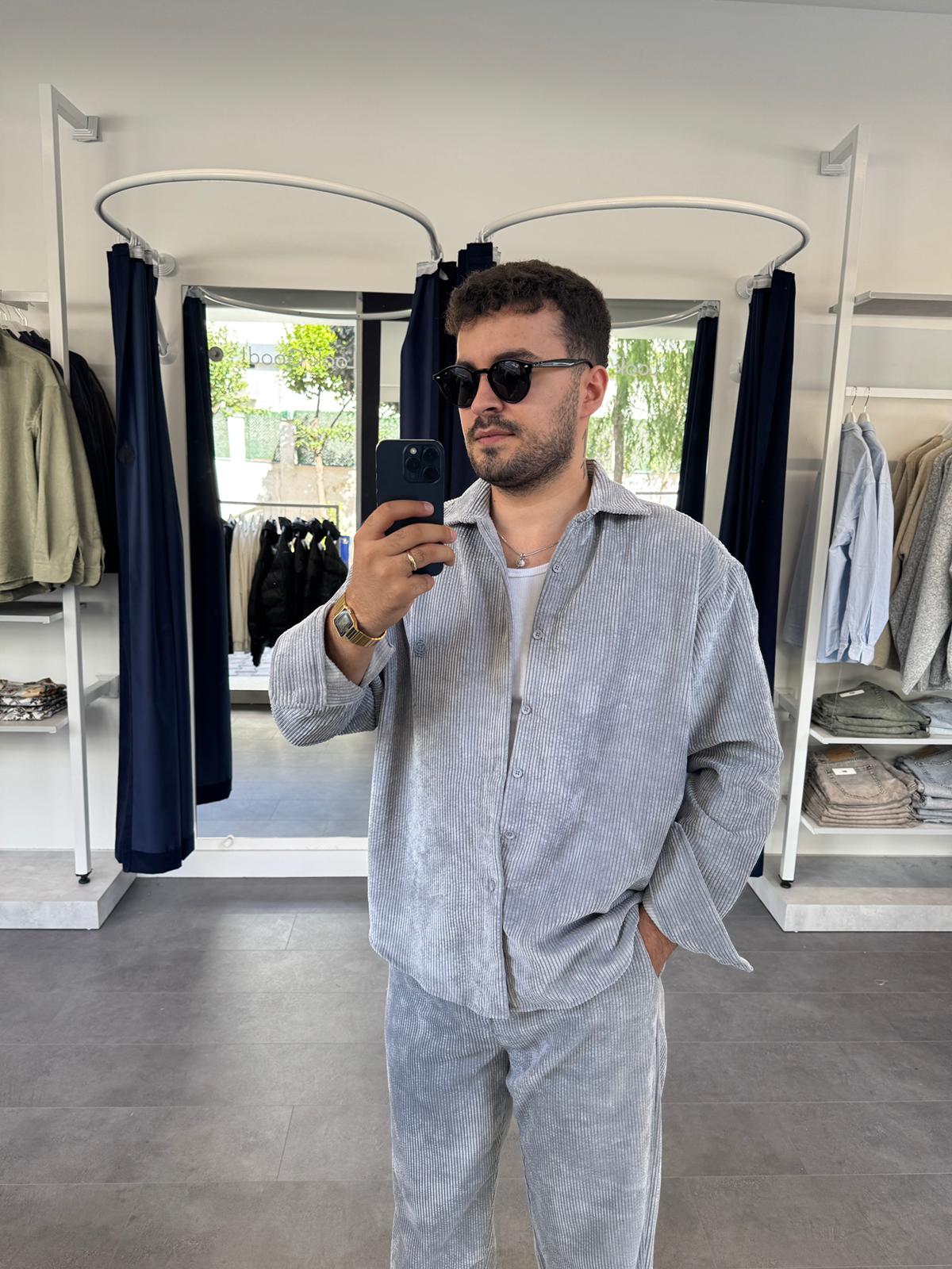 Kadife Kumaş Oversize Gömlek (VV386) - Gri