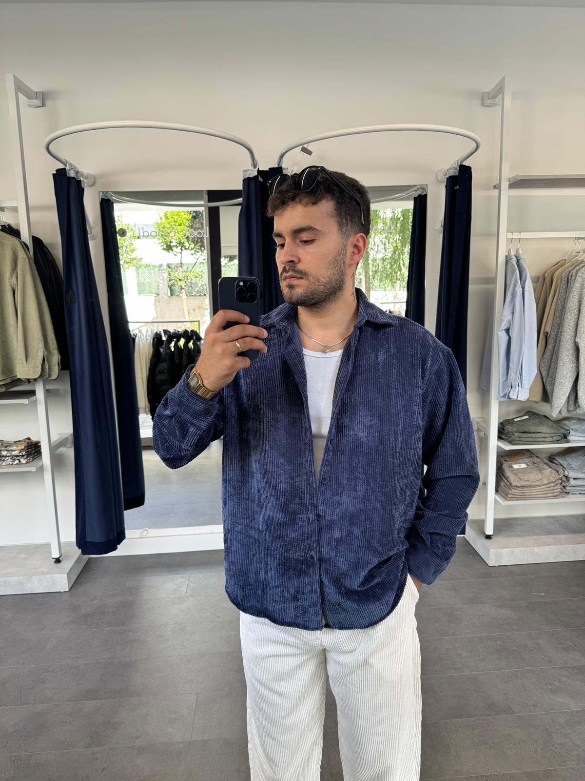 Kadife Kumaş Oversize Gömlek (VV386) - Lacivert