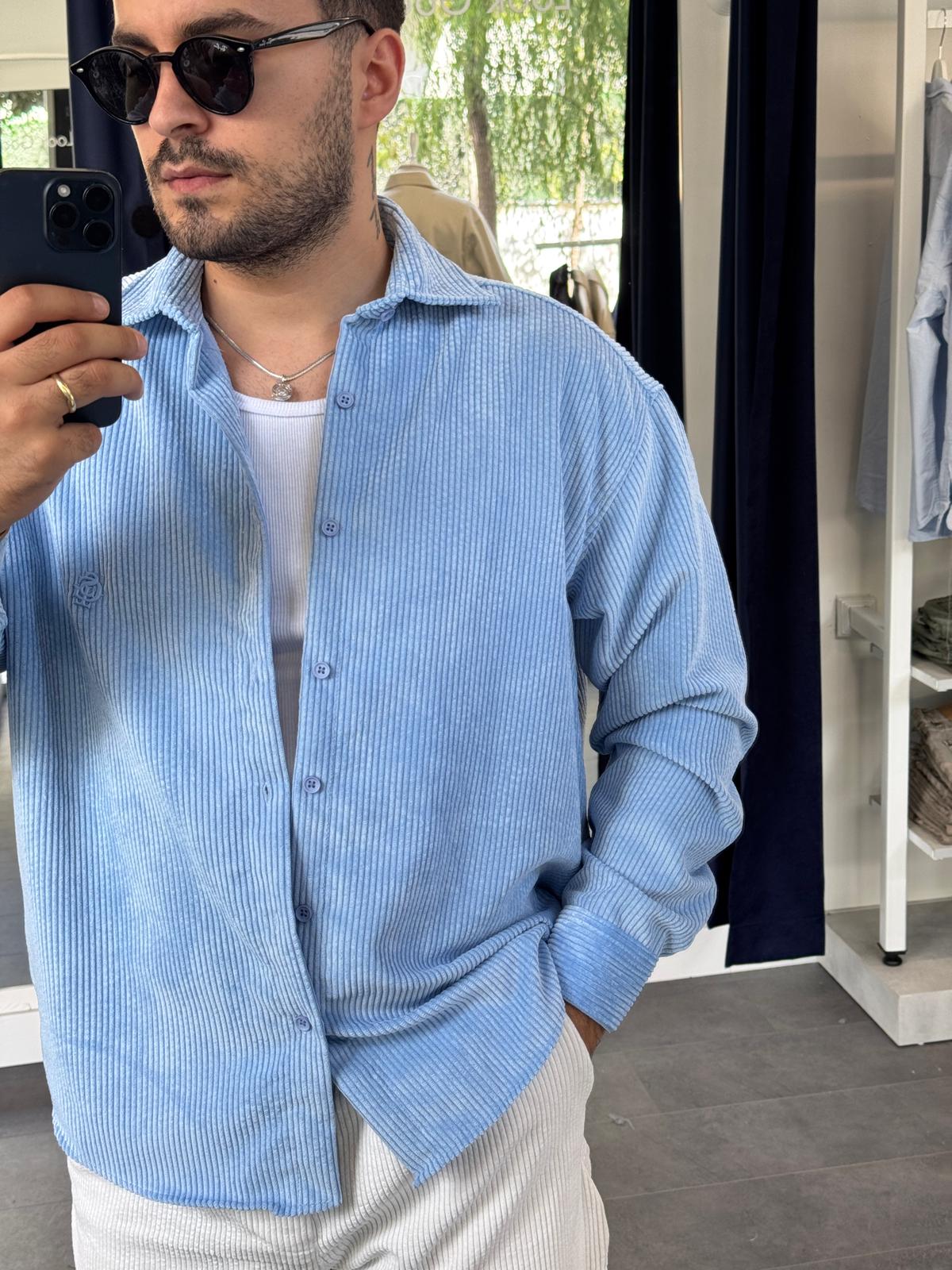 Kadife Kumaş Oversize Gömlek (VV386) - Bebe Mavi