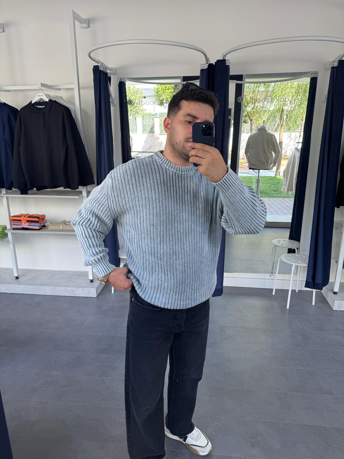 Yıkamalı Oversize Triko Kazak (VV377) - Gri