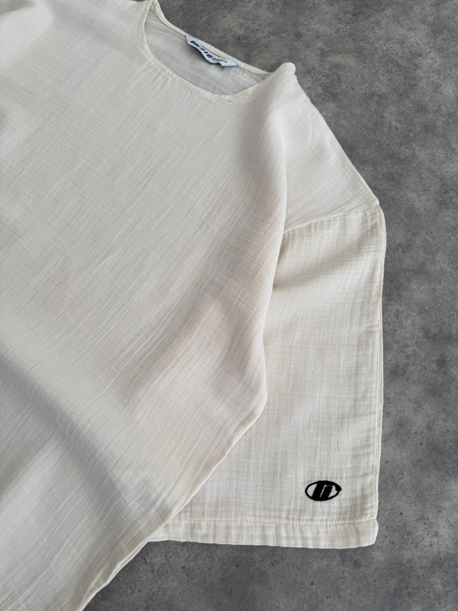 Oversize Fakir Kol Muslin Keten Tişört (VV341) - Ekru