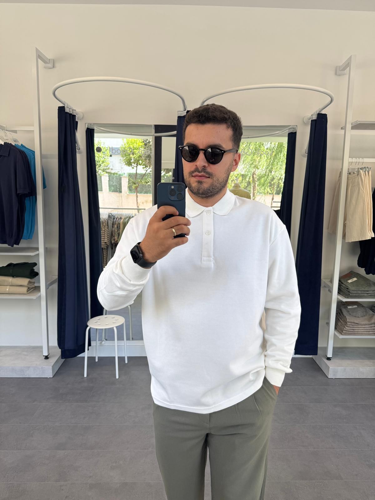 Polo Yaka Düğmeli Oversize Uzun Kol Kalın Tişört (VV369) - Beyaz