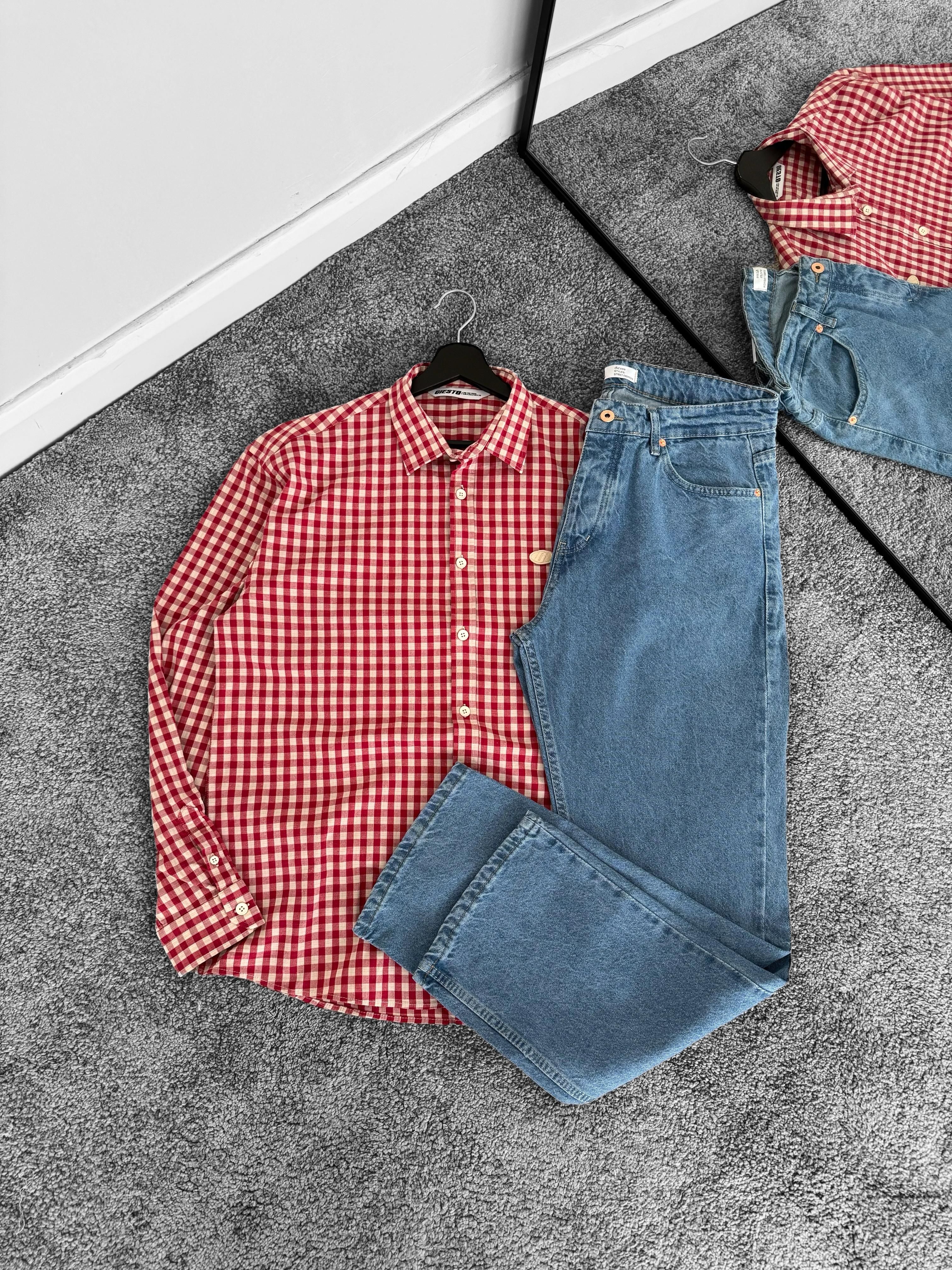 Kare Desenli Oversize Gömlek & Kot Baggy Pantolon (VV211) - Kırmızı