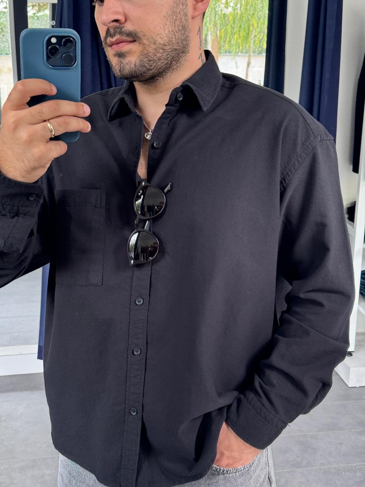 Oxford Kumaş Oversize Cepli Gömlek (VV365) - Siyah