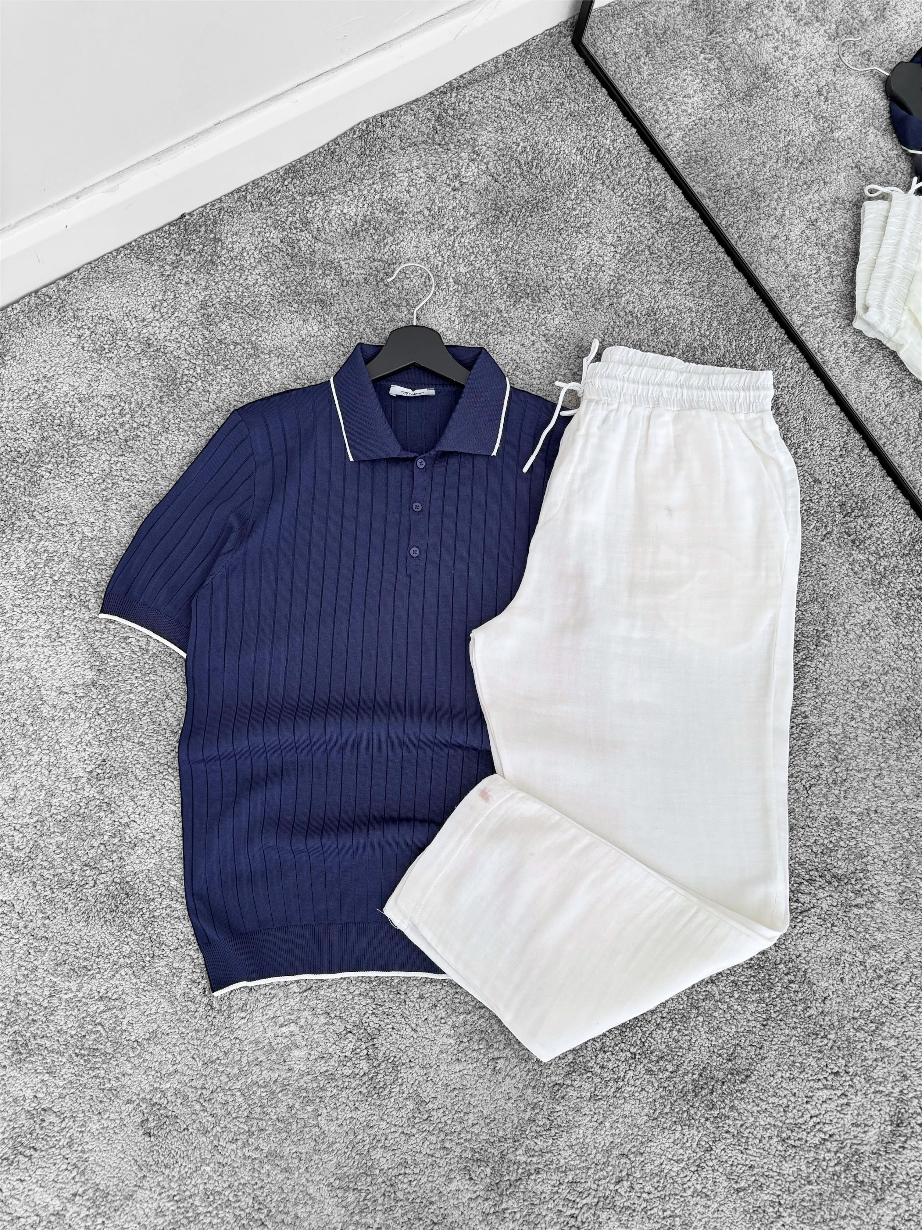 Lacivert MRK Polo Yaka Düğmeli Fitilli Tişört & Beyaz Müslin Kumaş Baggy Kesim Pantolon (VV312)