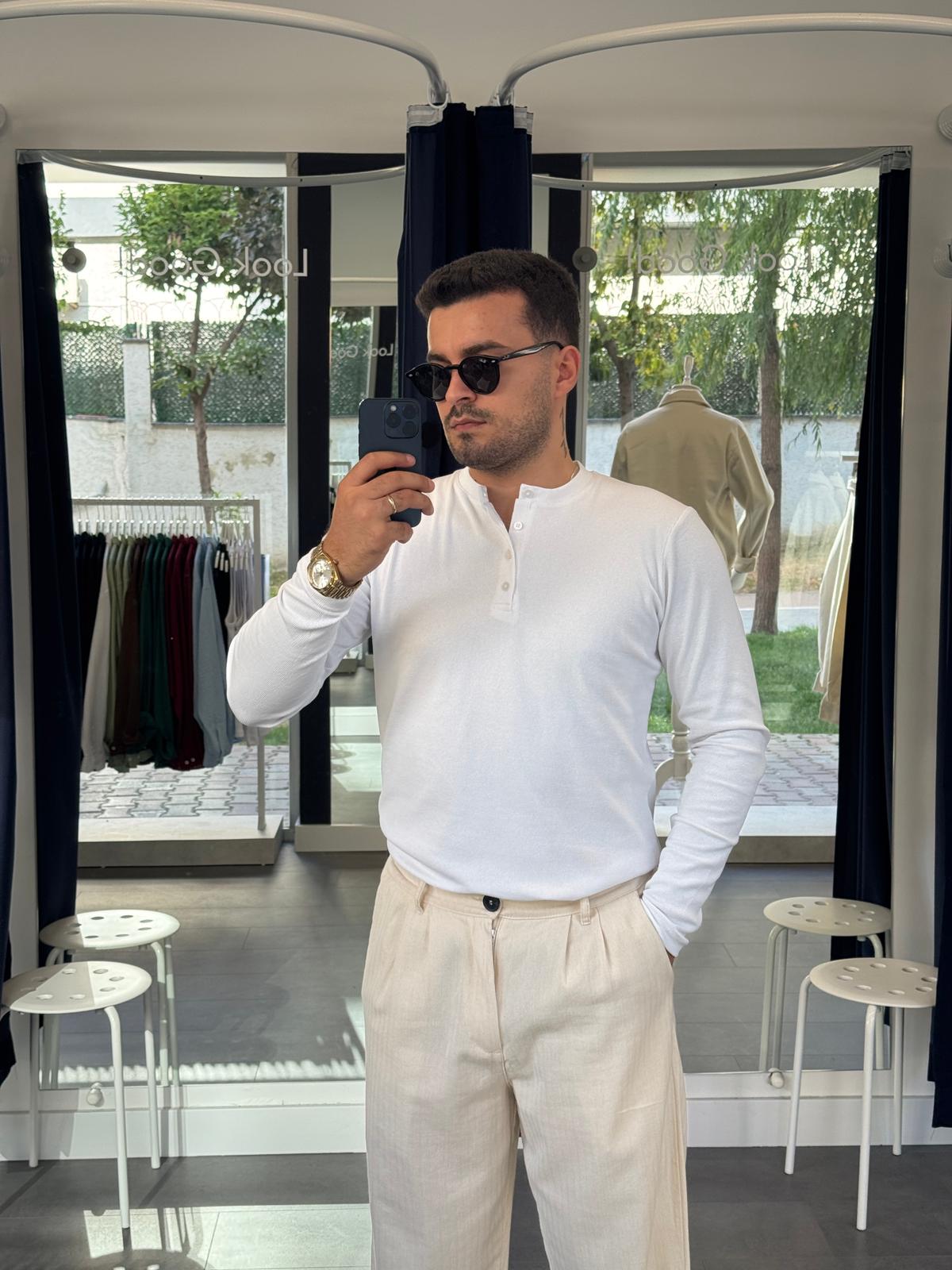 İnce Fitilli Düğmeli Uzun Kollu Tişört (VV376)