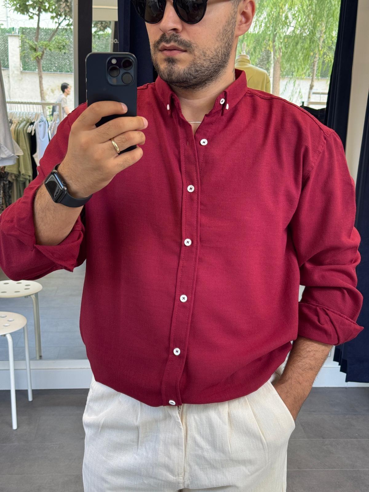 Oversize Fresh Keten Gömlek (VV361) - Kırmızı