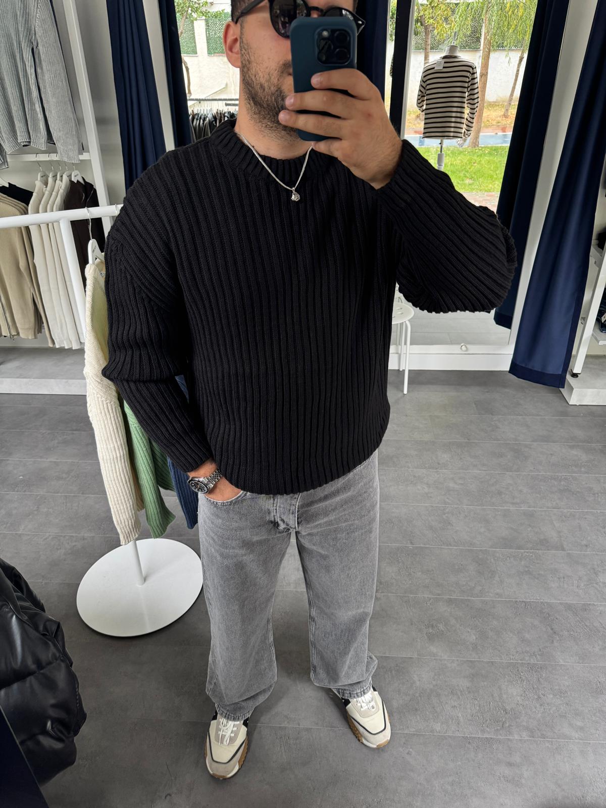 MRK Düz Oversize Örme Kazak (VV397) - Siyah