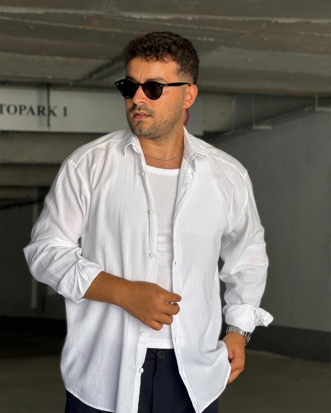 Beyaz Müslin Kumaş Oversize Gömlek & Lacivert Giesto Baggy Kumaş Pantolon (VV357)