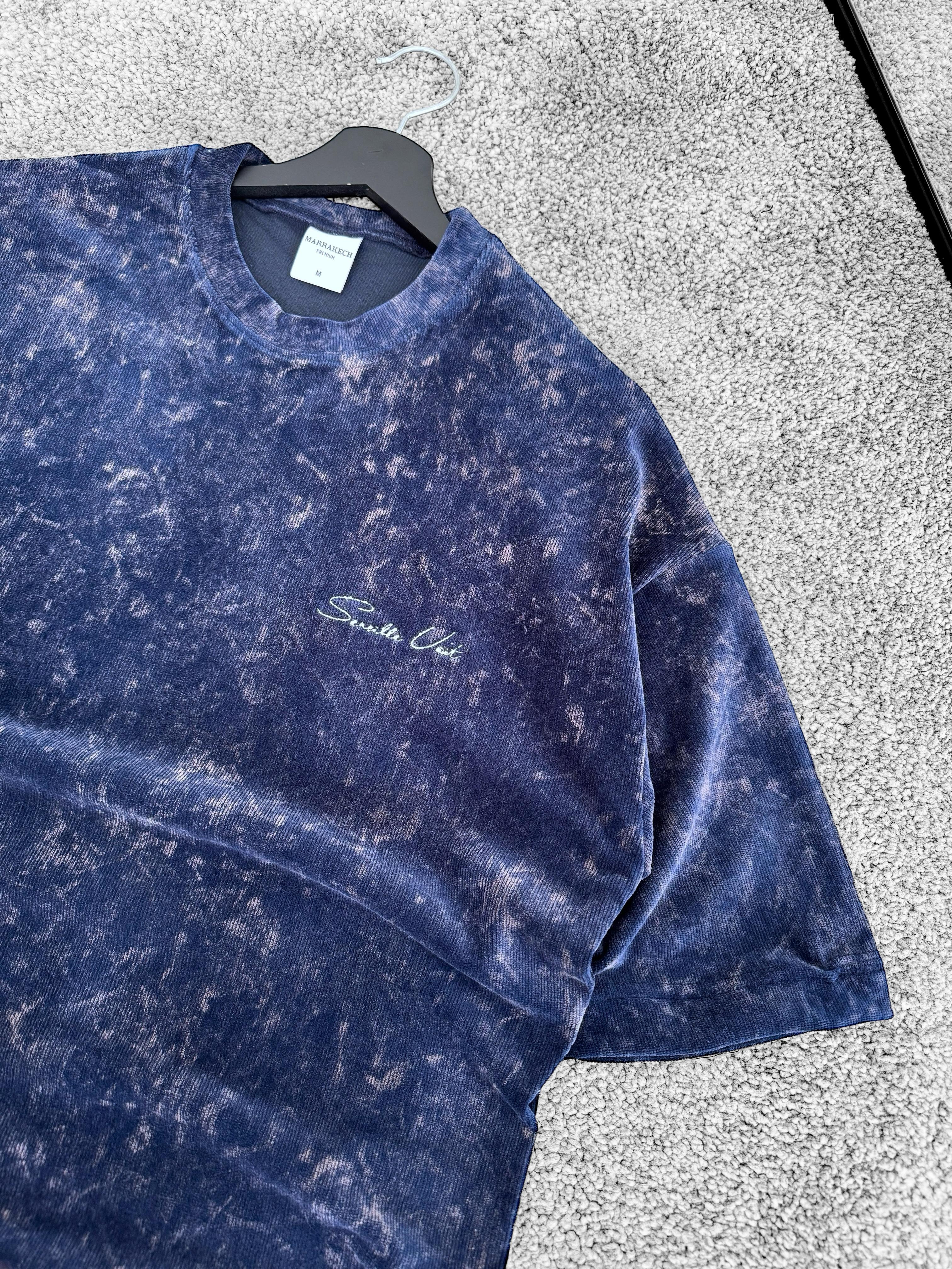 Yumuşak Havlu Kumaş Oversize Nakışlı Tişört (VV327) - Lacivert