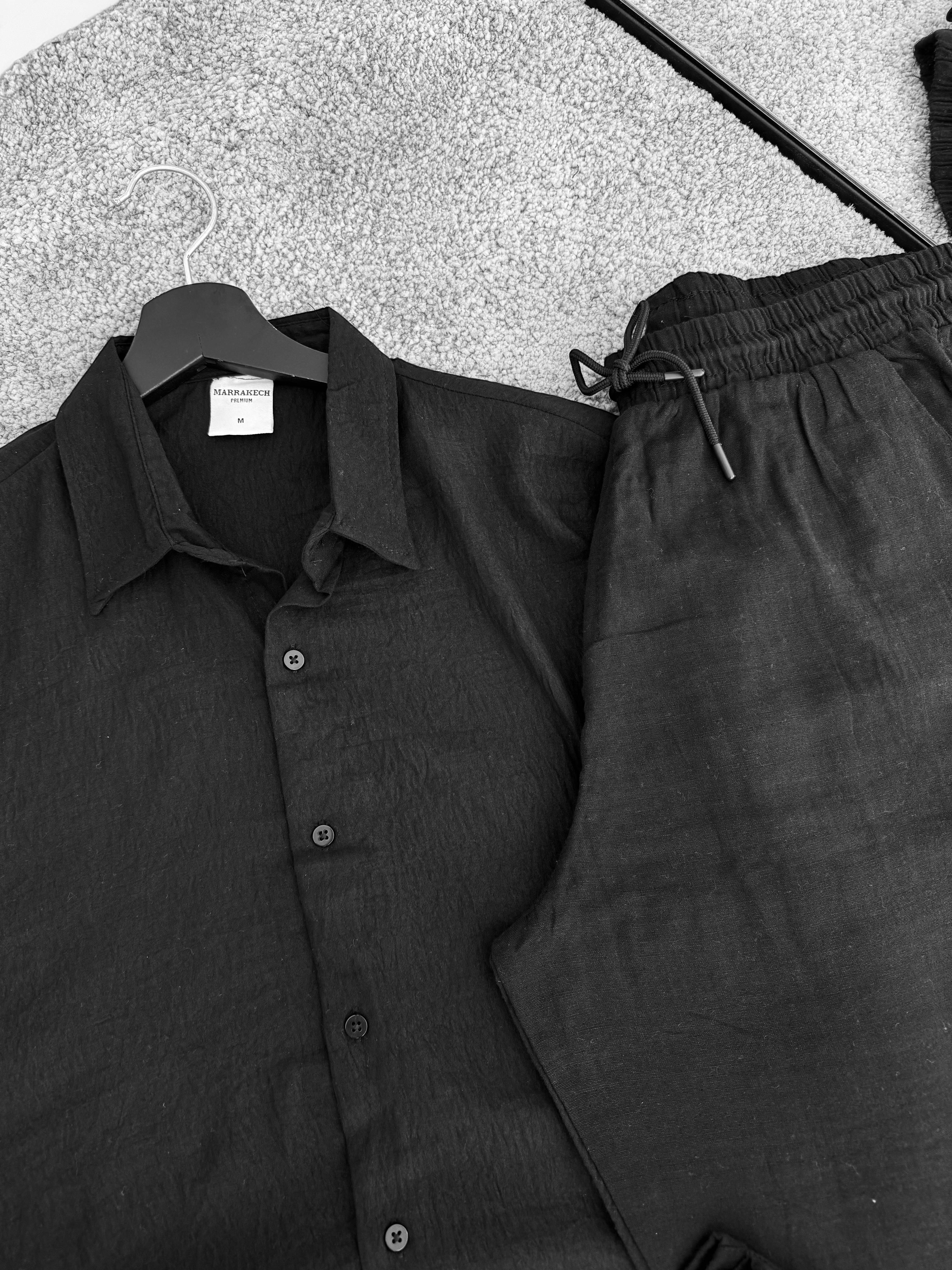 Siyah Kısa Kollu Oversize Keten Gömlek & Siyah Müslin Kumaş Pantolon (VV325)
