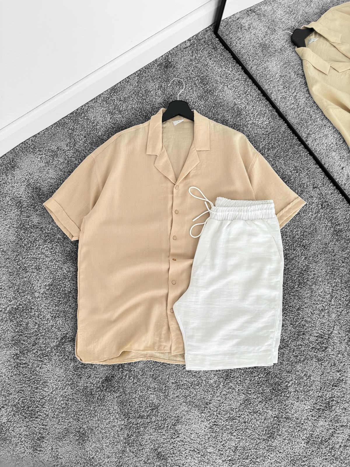 Bej Kısa Kollu Oversize Keten Gömlek & Beyaz Keten Şort