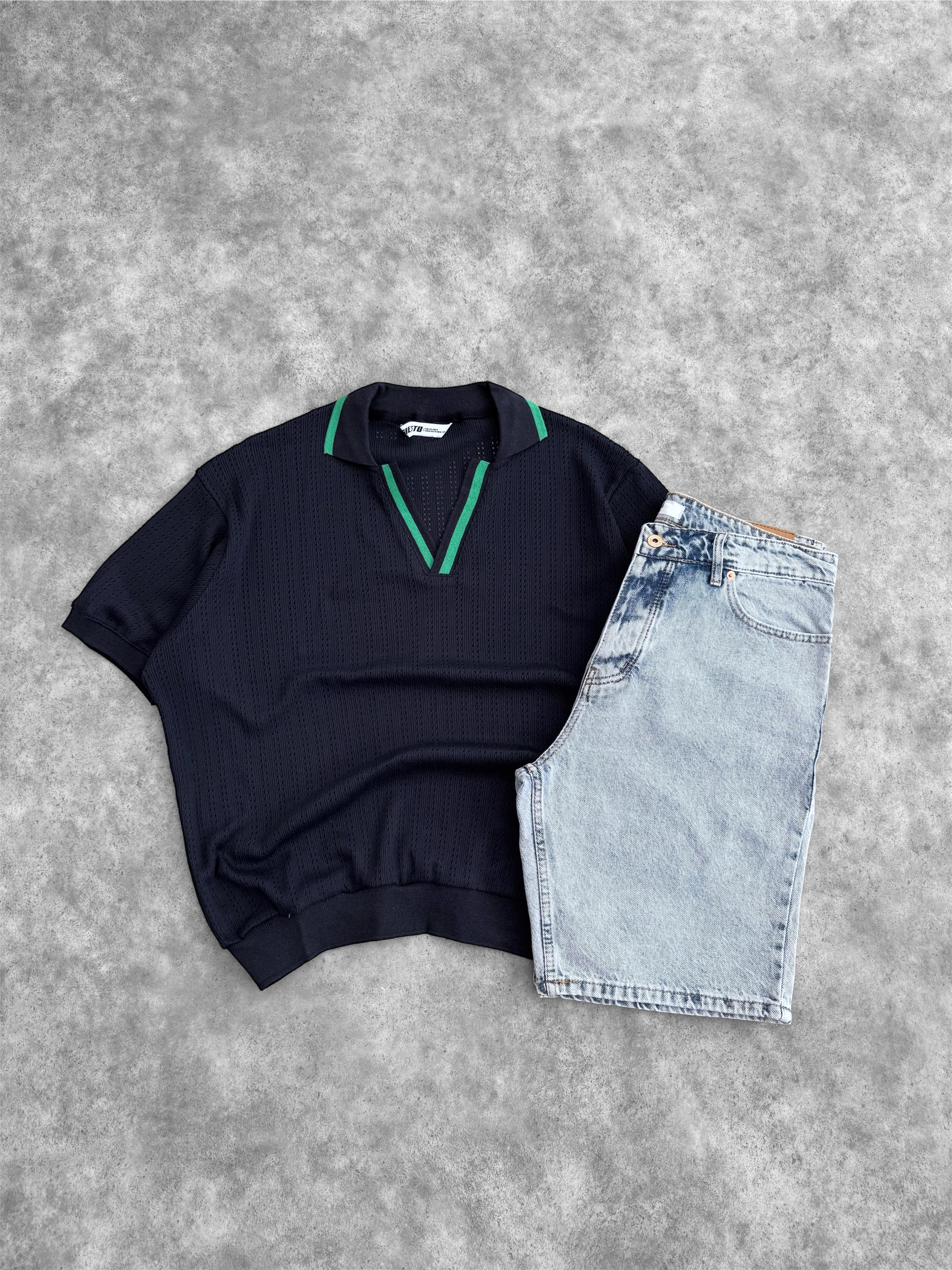 Pamuklu Oversize Örme Tişört & Buz Mavi Kot Şort (VV336)