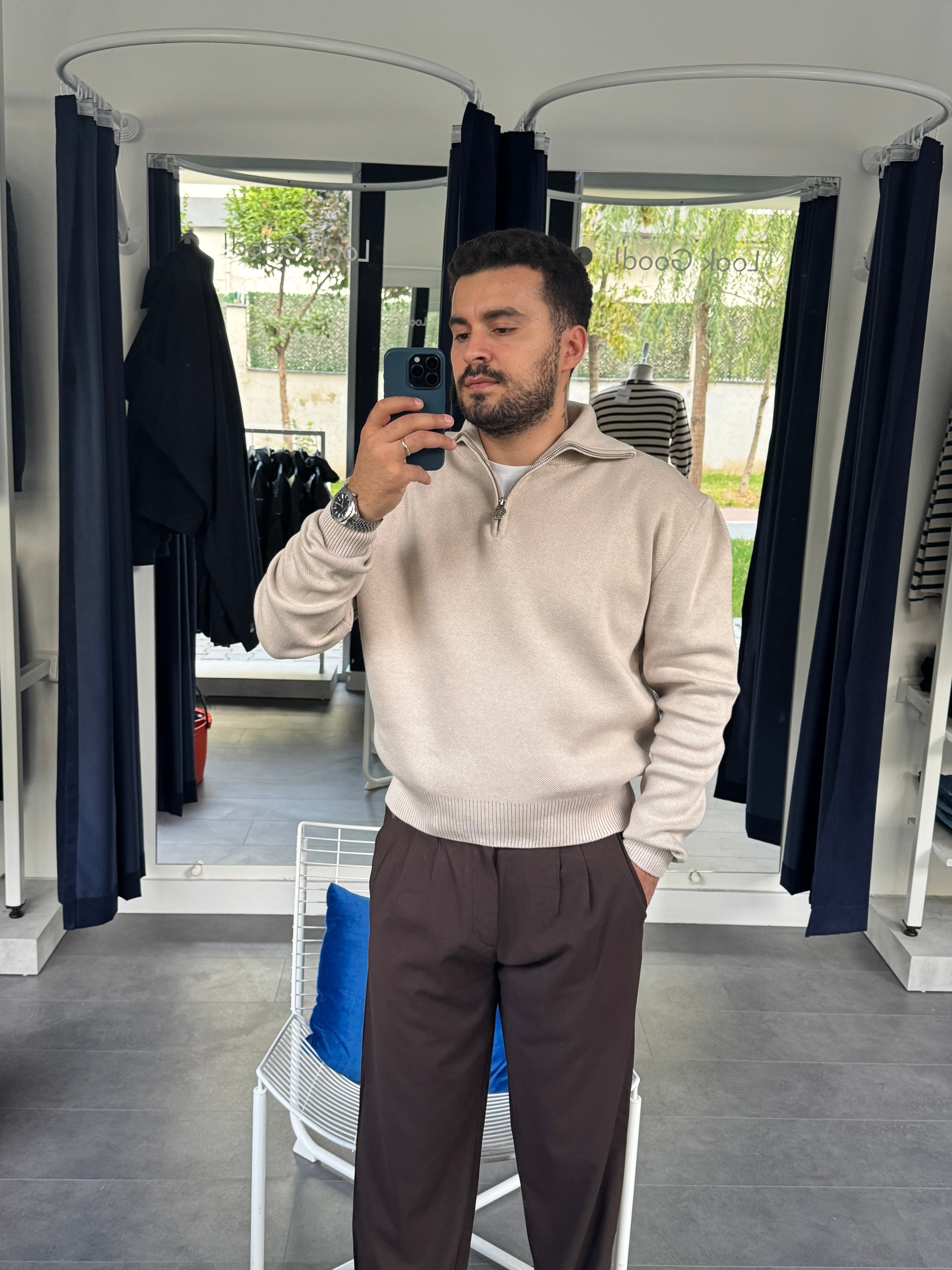 Bej Giesto Yarım Fermuarlı Triko Kazak (VV398)