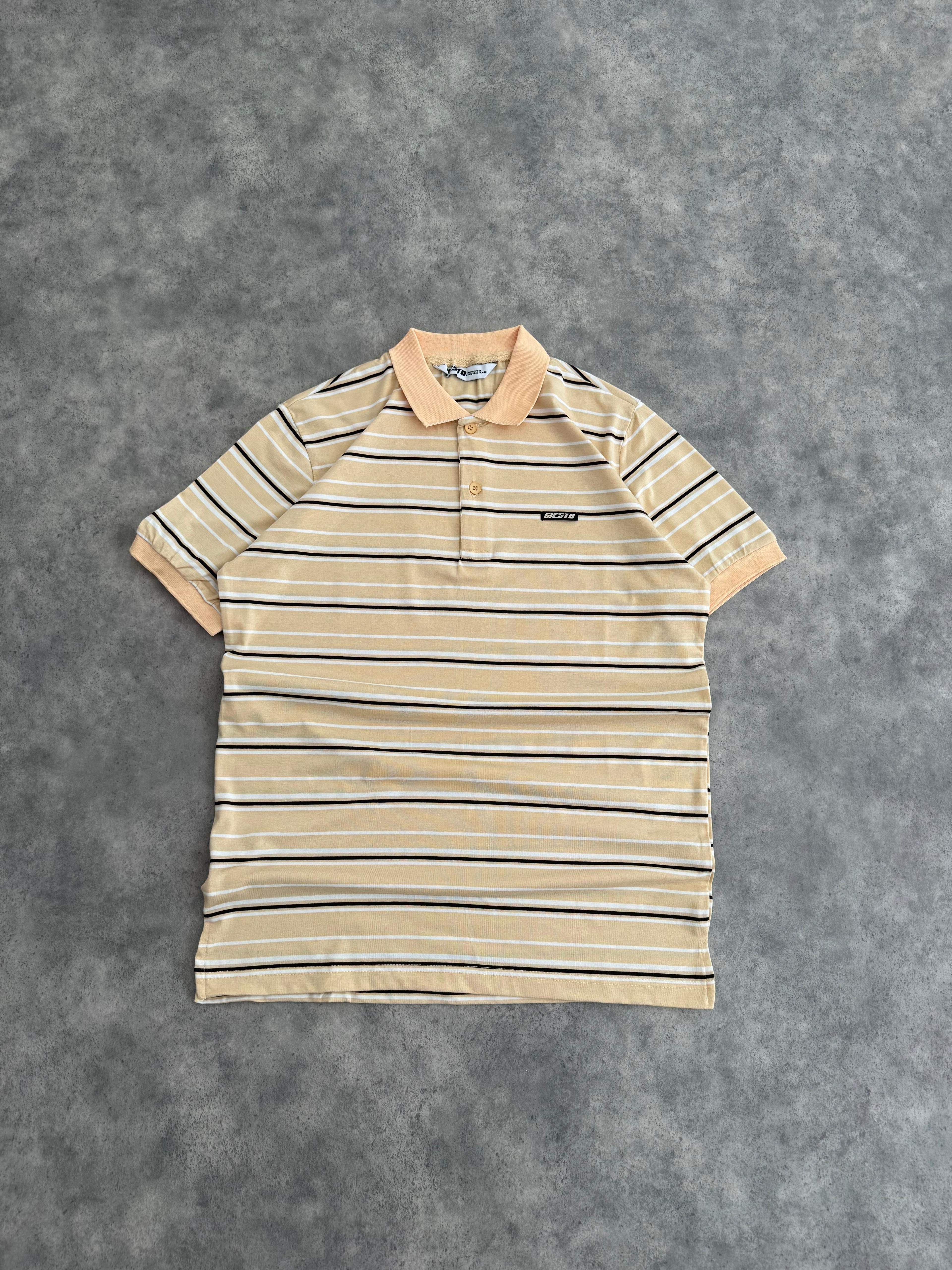 Standart Kalıp Polo Yaka Çizgili Giesto Tişört & Ekru Bağcıklı Gabardin Şort (VV339) - Sarı