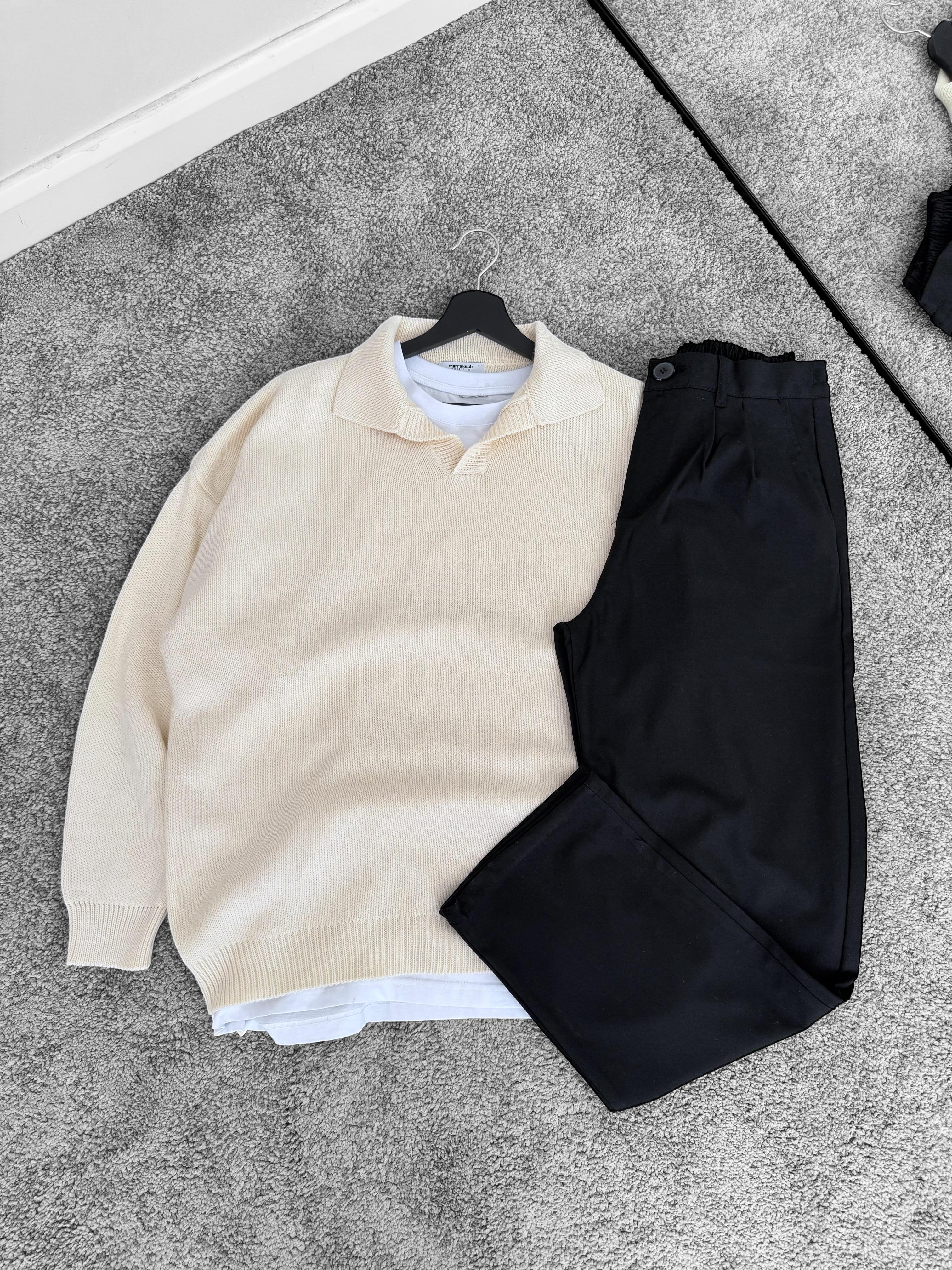 Bej Yumuşak Kumaş Tam Oversize Triko & Siyah Baggy Kalıp Kumaş Pantolon (VV168)