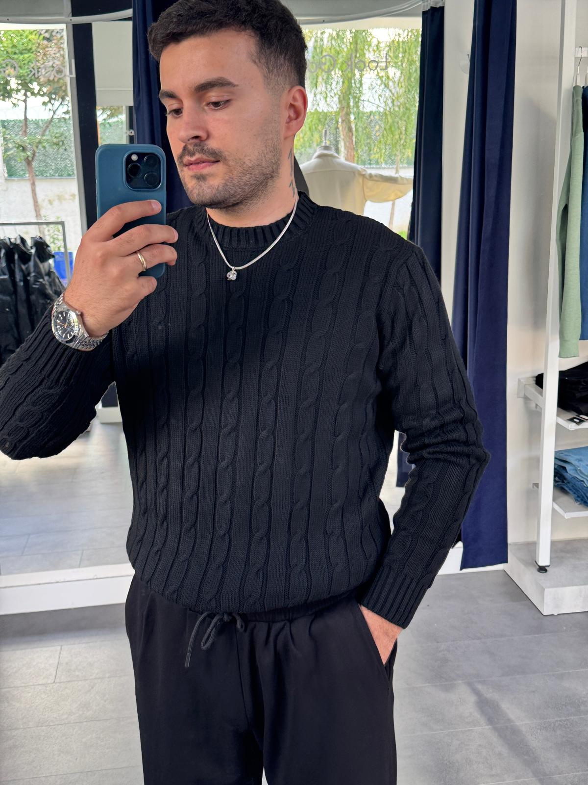 Örgü Desenli Standart Kalıp Triko (VV403) - Siyah