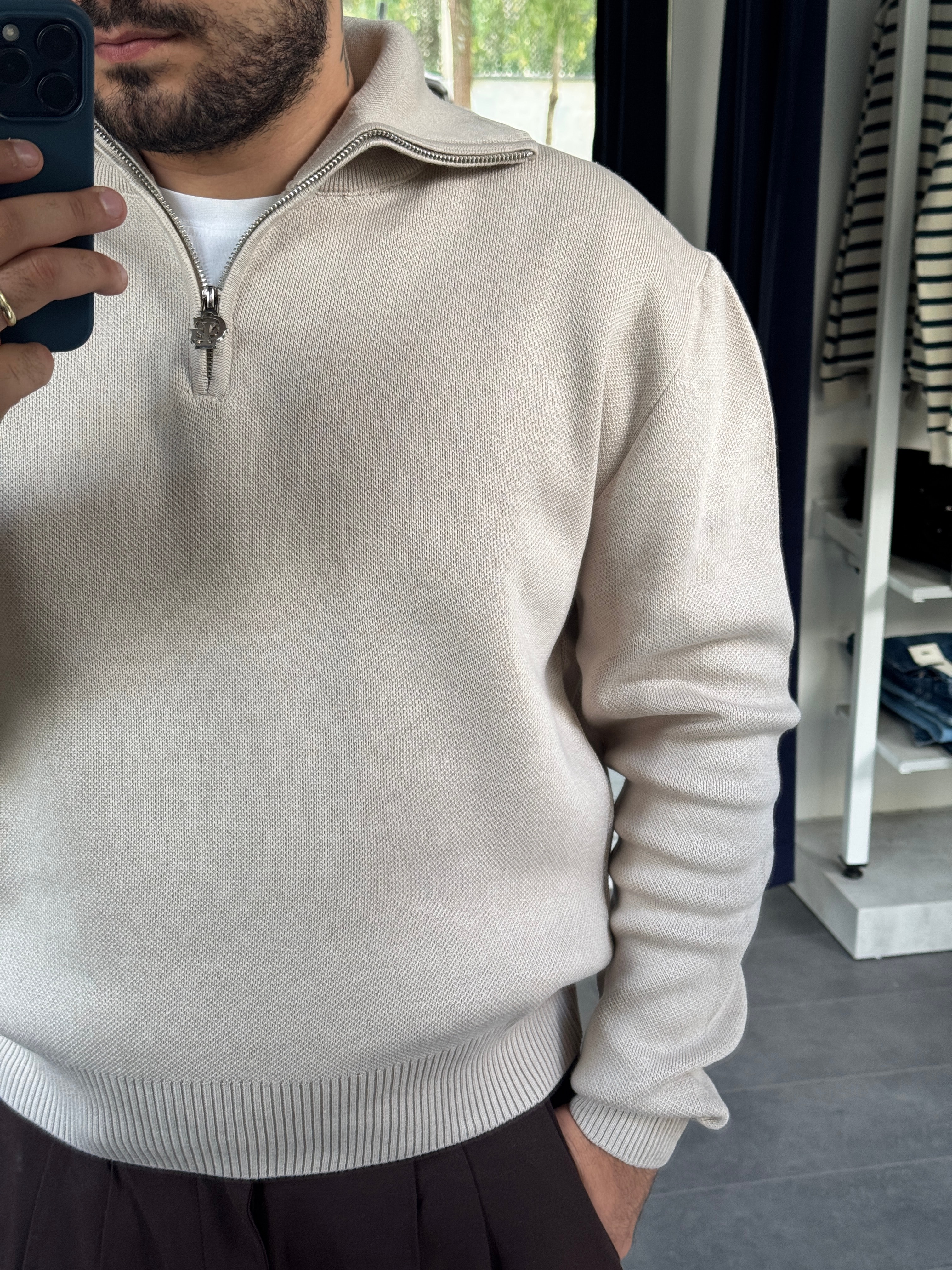 Bej Giesto Yarım Fermuarlı Triko Kazak (VV398)