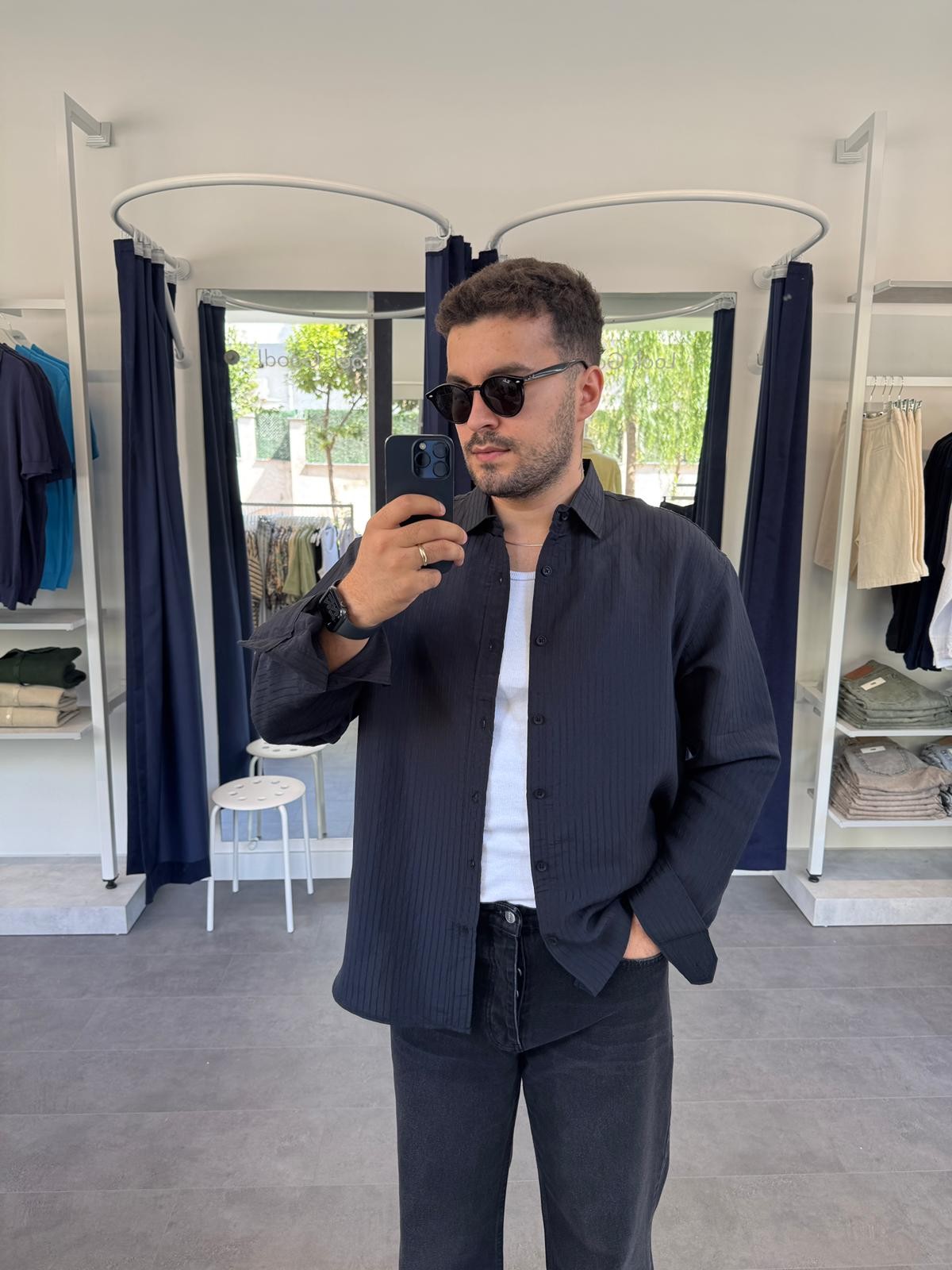 Siyah Armür Çizgili Oversize Gömlek (VV370)