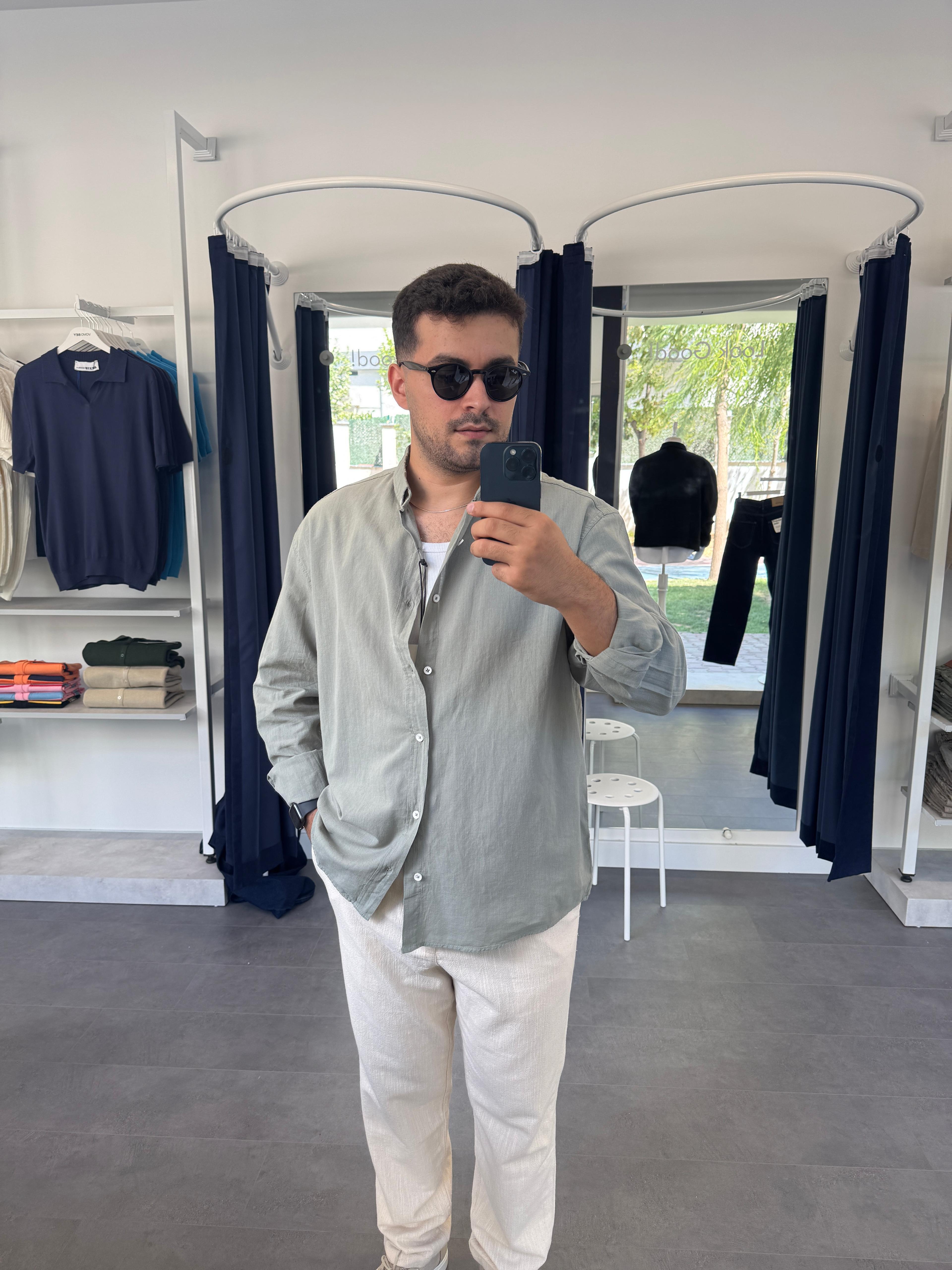 Haki Oversize Fresh Keten Gömlek & Bej Bel Lastikli Keten Pantolon (VV362)