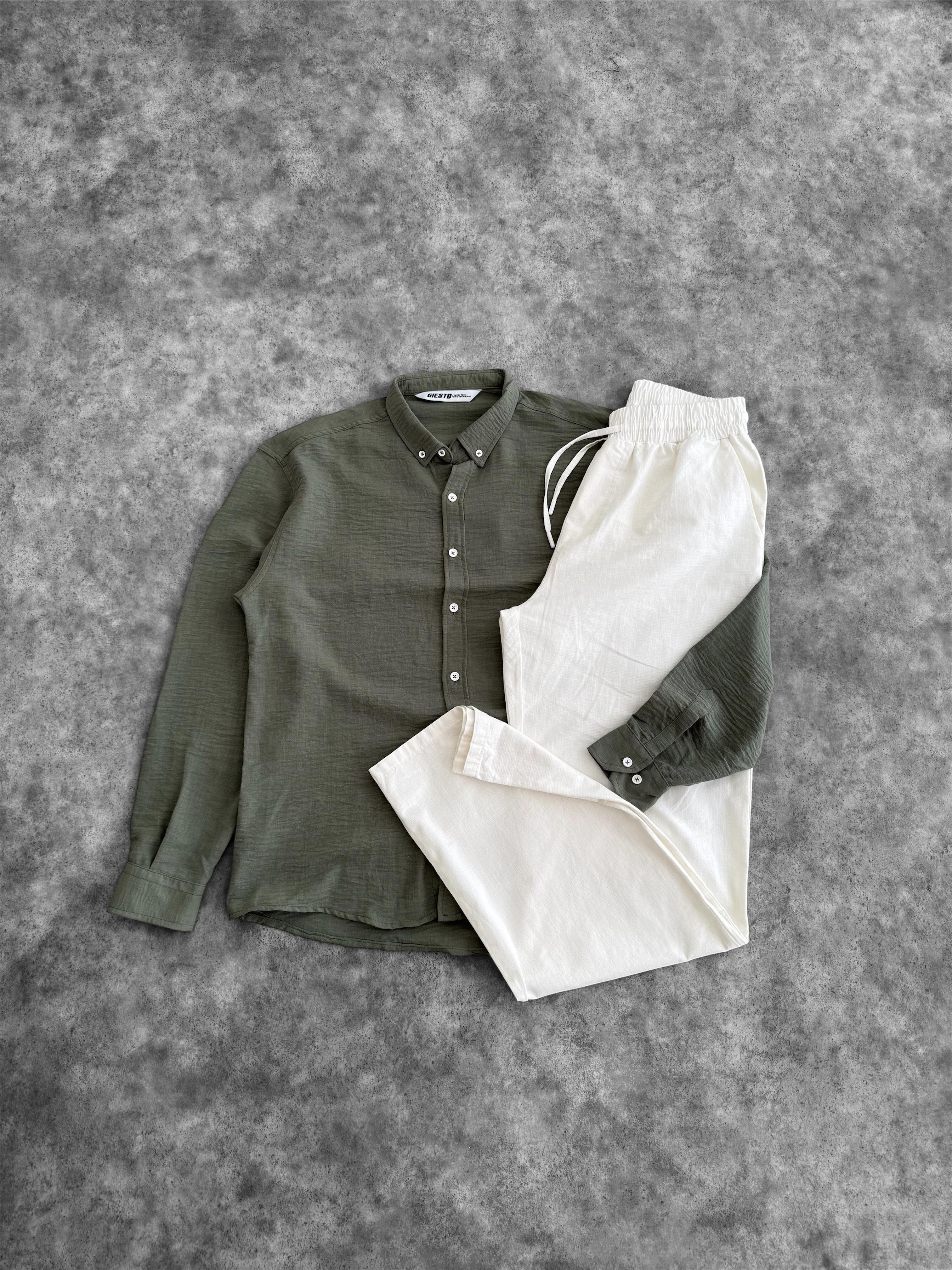 Haki Oversize Keten Gömlek & Ekru Giesto Baggy Kalıp Keten Pantolon (VV346)