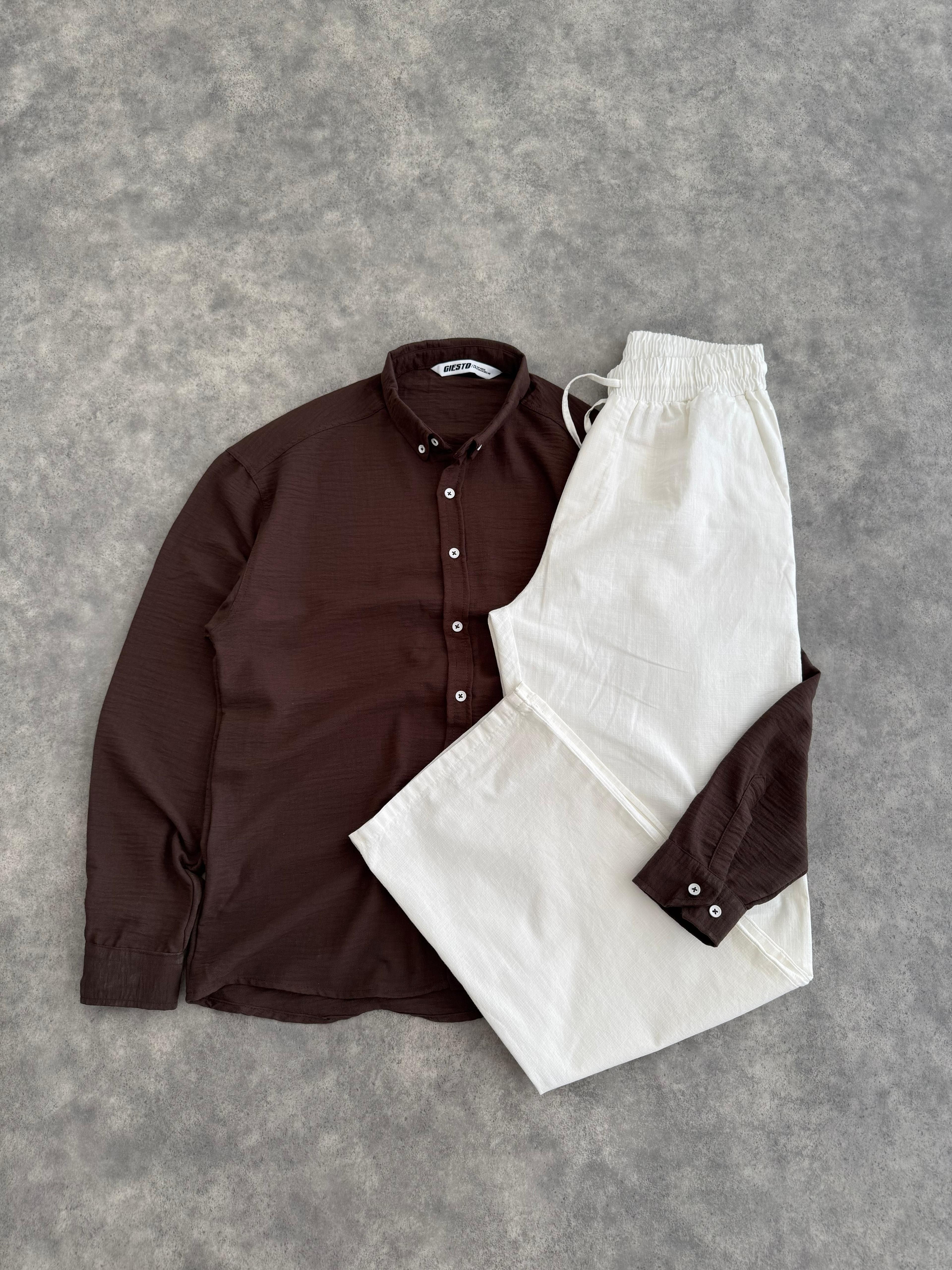 Acıkahve Oversize Keten Gömlek & Ekru Giesto Baggy Kalıp Keten Pantolon (VV344)