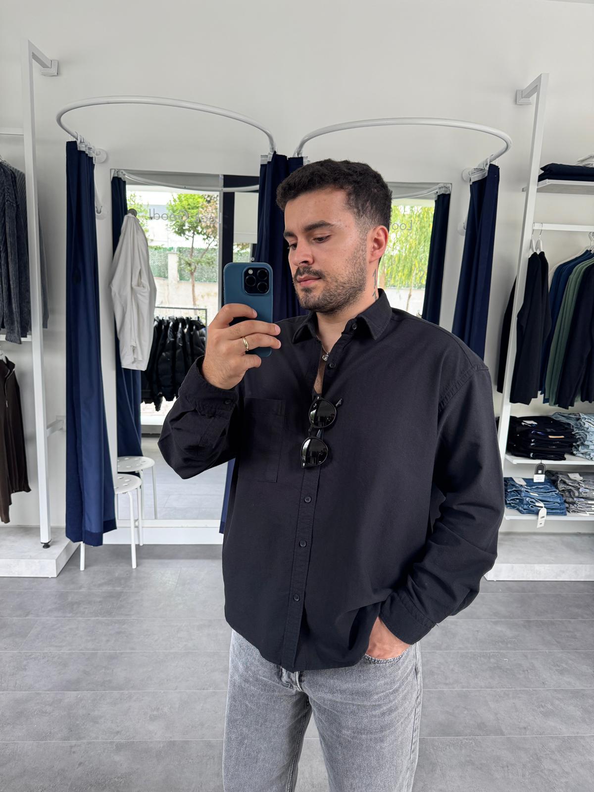 Oxford Kumaş Oversize Cepli Gömlek (VV365) - Siyah