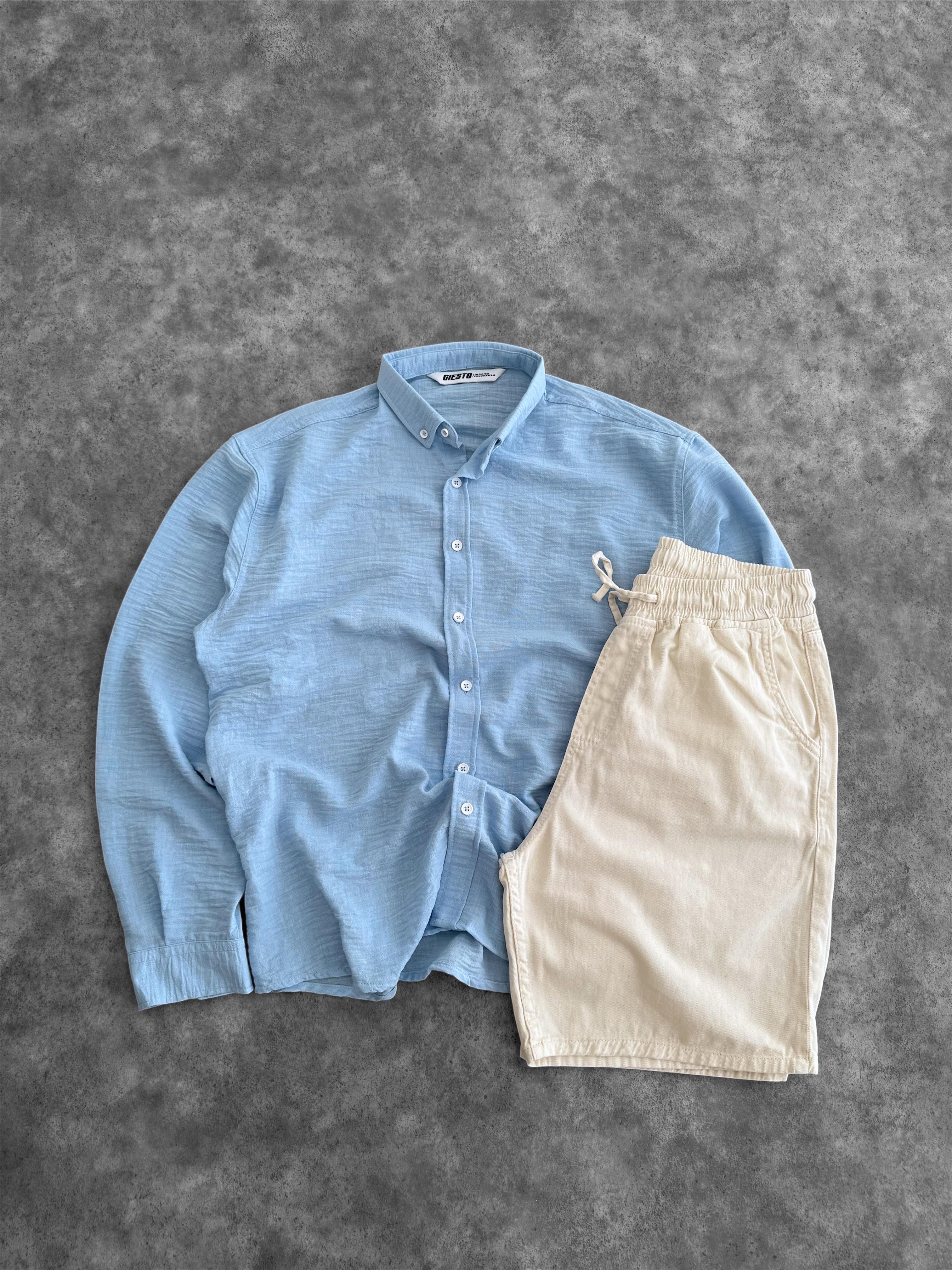 Bebe Mavi Oversize Keten Gömlek & Ekru Bağcıklı Gabardin Şort (VV337)