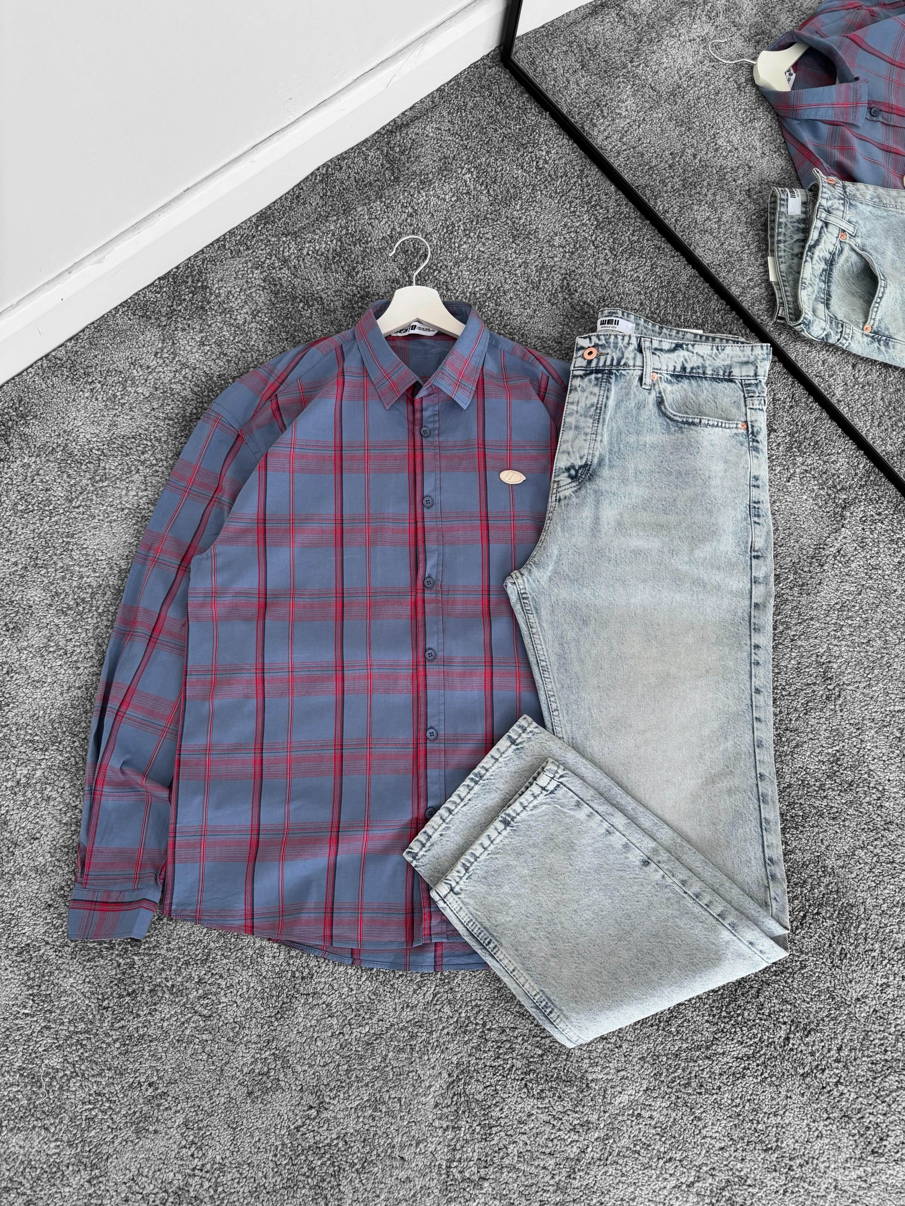 G logolu Oversize Gömlek & Kot Baggy Pantolon (VV215) - Mavi