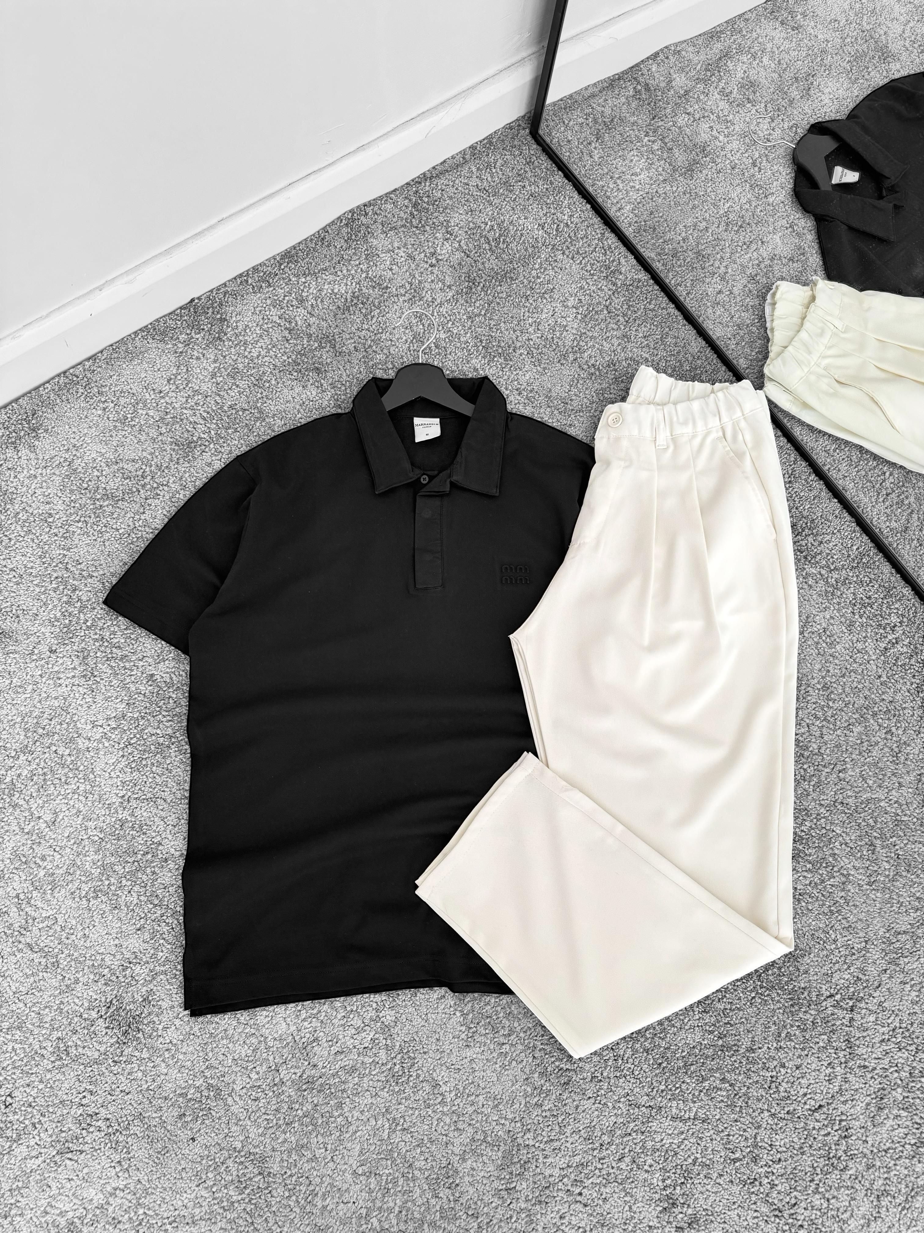 Siyah MM Kabartma Baskılı Oversize Polo Yaka Tişört & Ekru Kumaş Pantolon (VV322)