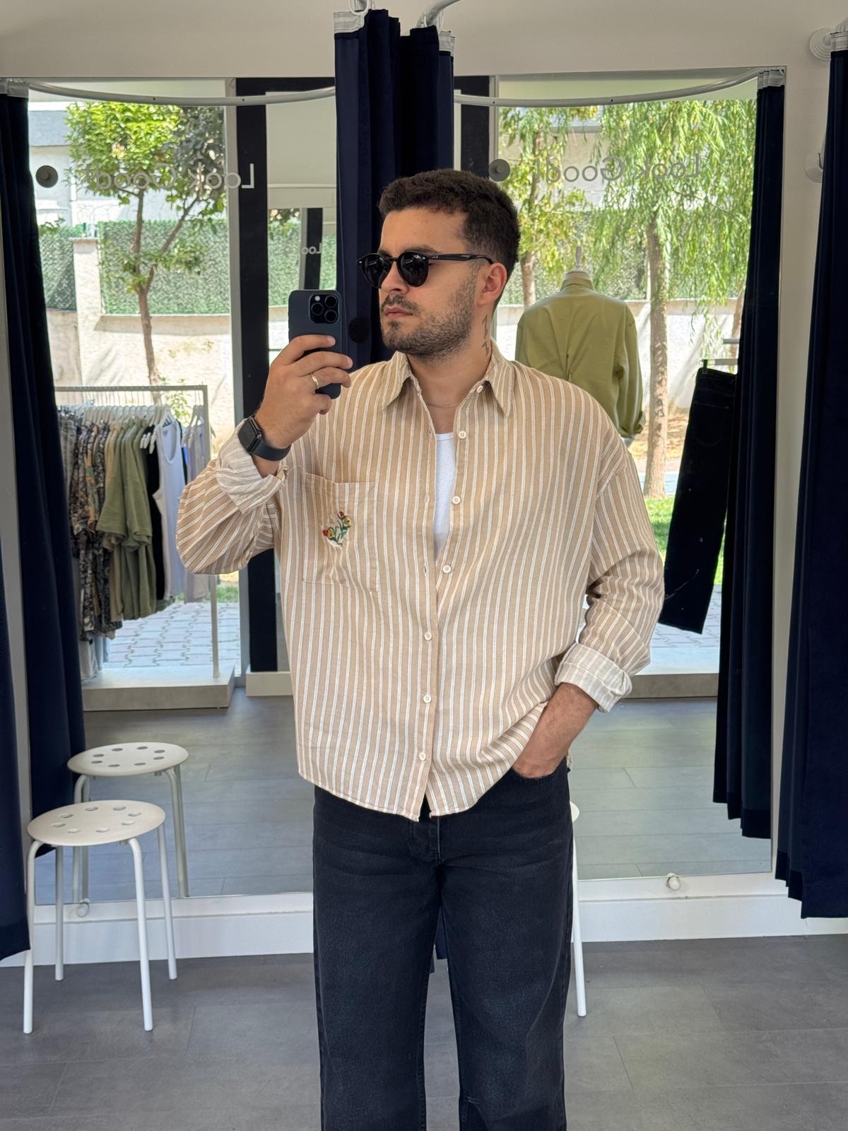 Bej Lale Nakışlı Oversize Keten Gömlek (VV371)