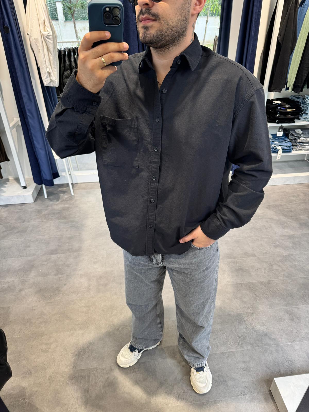 Oxford Kumaş Oversize Cepli Gömlek (VV365) - Siyah