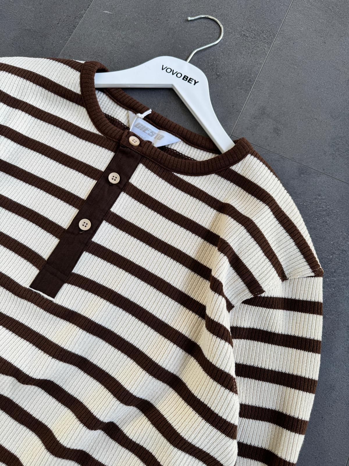 GG Çizgili Triko Kazak (VV396) - Kahverengi