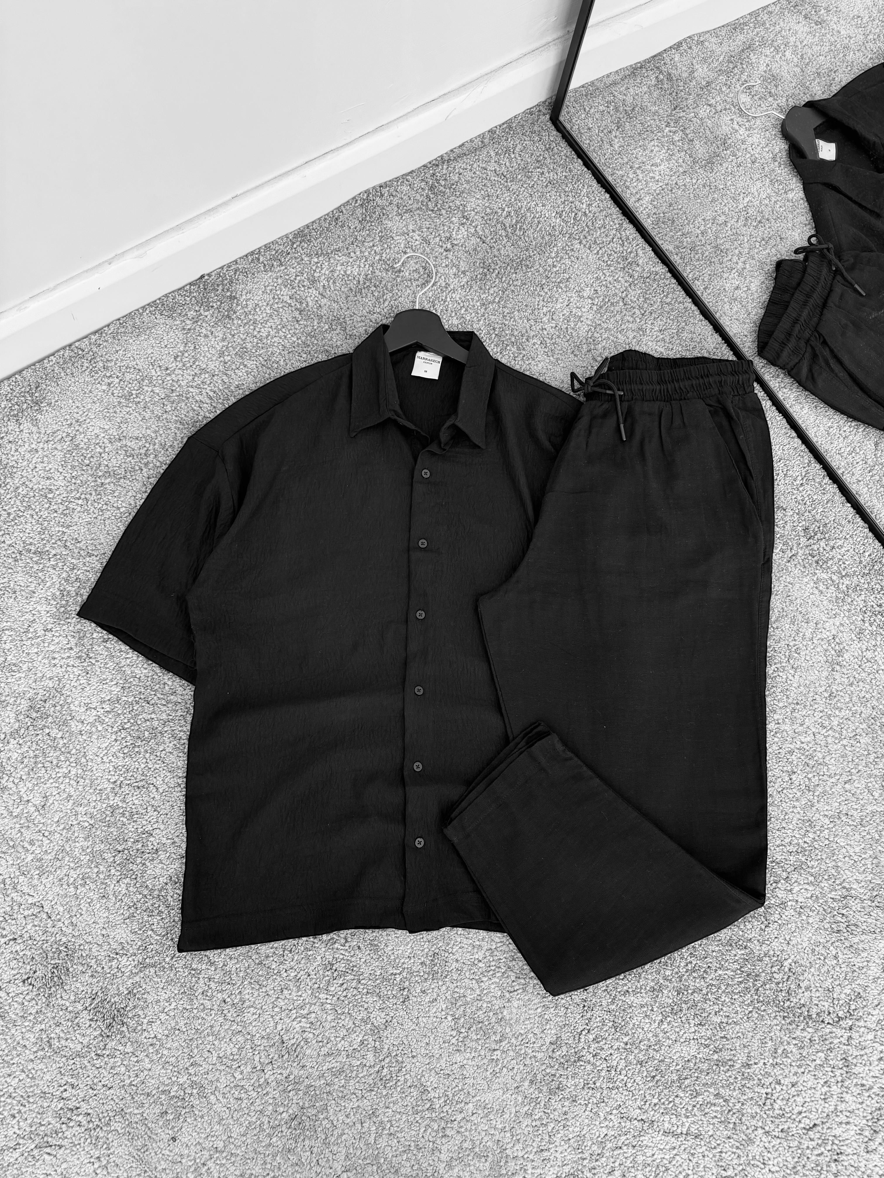 Siyah Kısa Kollu Oversize Keten Gömlek & Siyah Müslin Kumaş Pantolon (VV325)