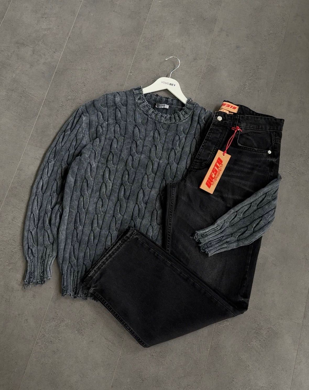 Yıkamalı Örgü Triko & Siyah Baggy Kot Pantolon (VV421)