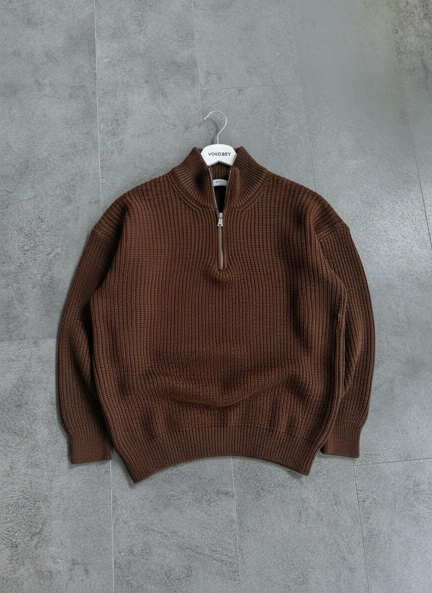 Yarım Fermuarlı Oversize Triko Kazak (VV402) - Kahverengi