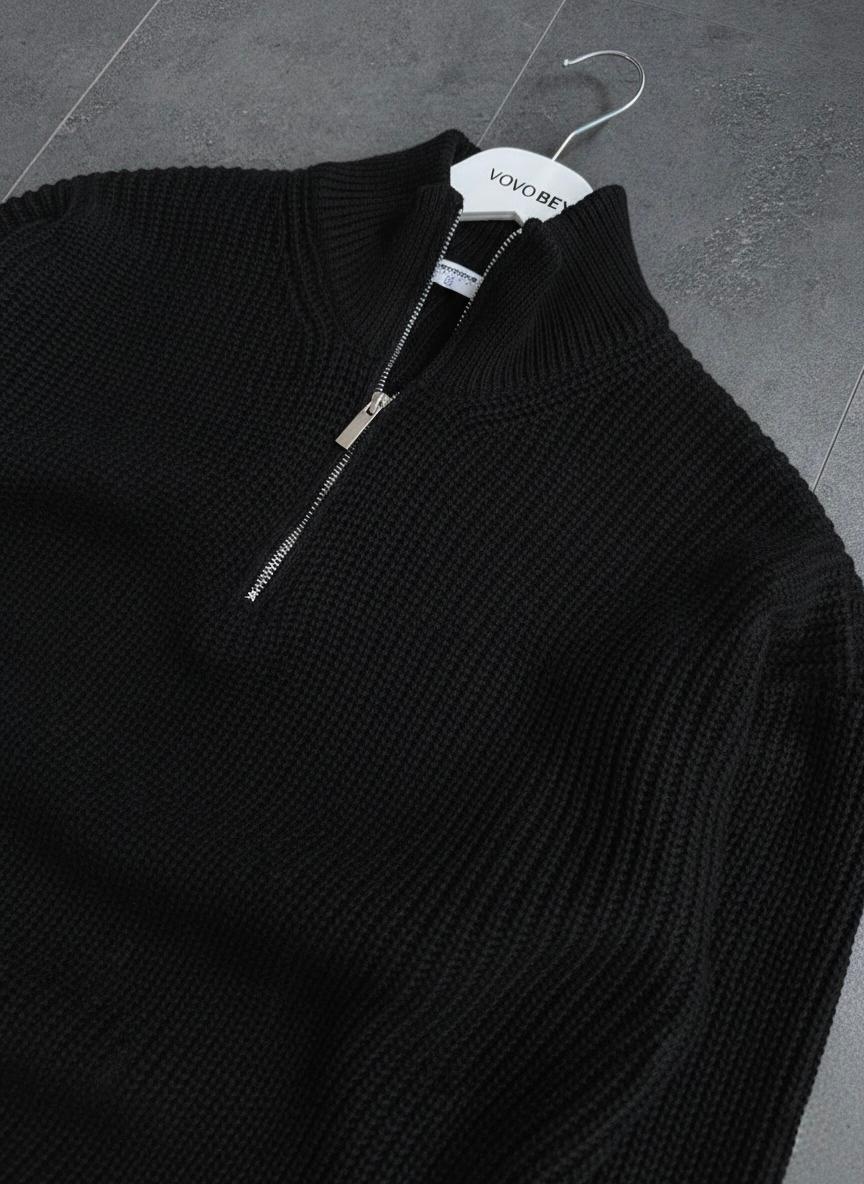 Yarım Fermuarlı Oversize Triko Kazak (VV402) - Siyah