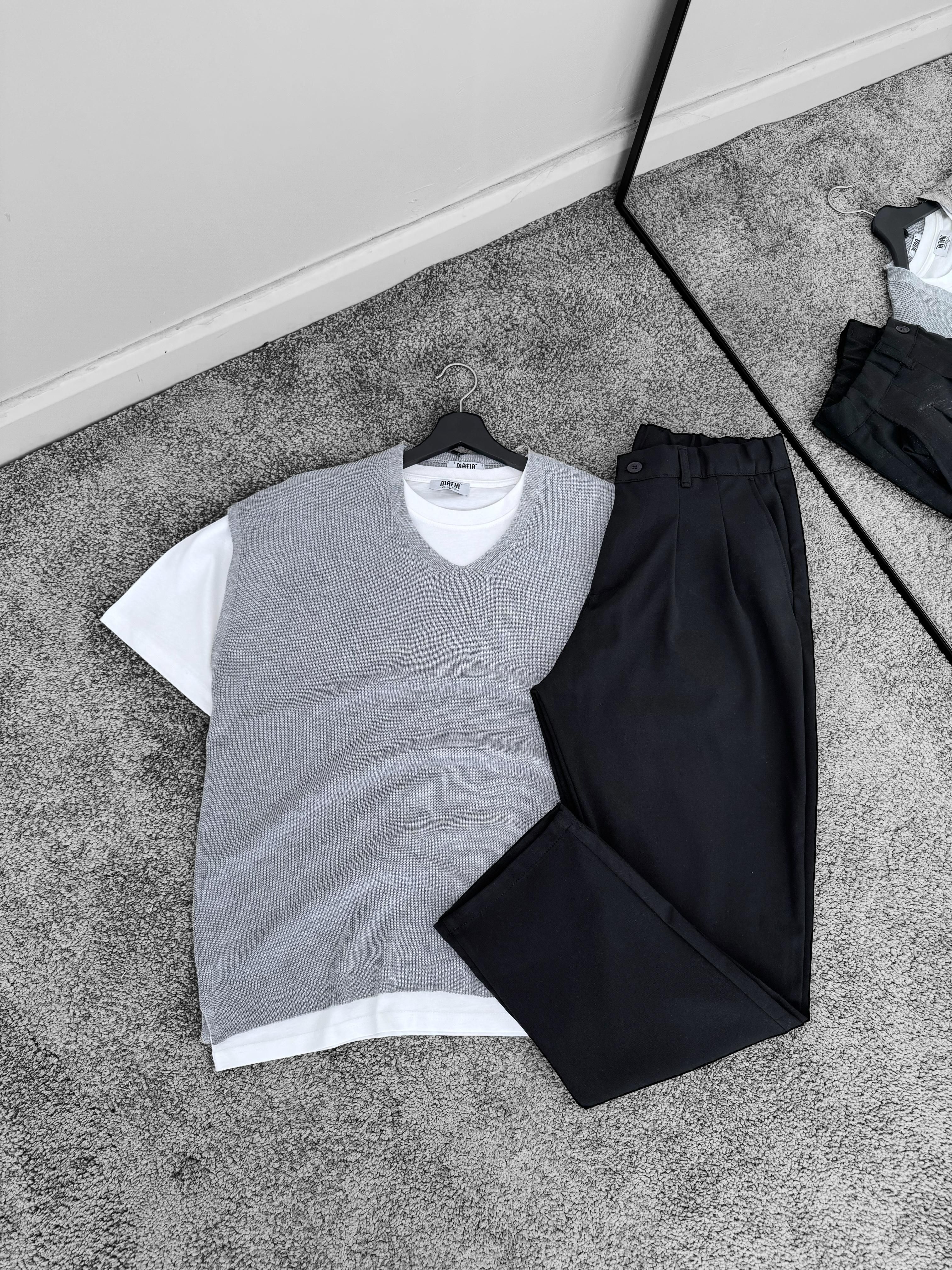 Gri İnce Kumaş Oversize Süveter & Siyah Kumaş Pantolon (VV253)