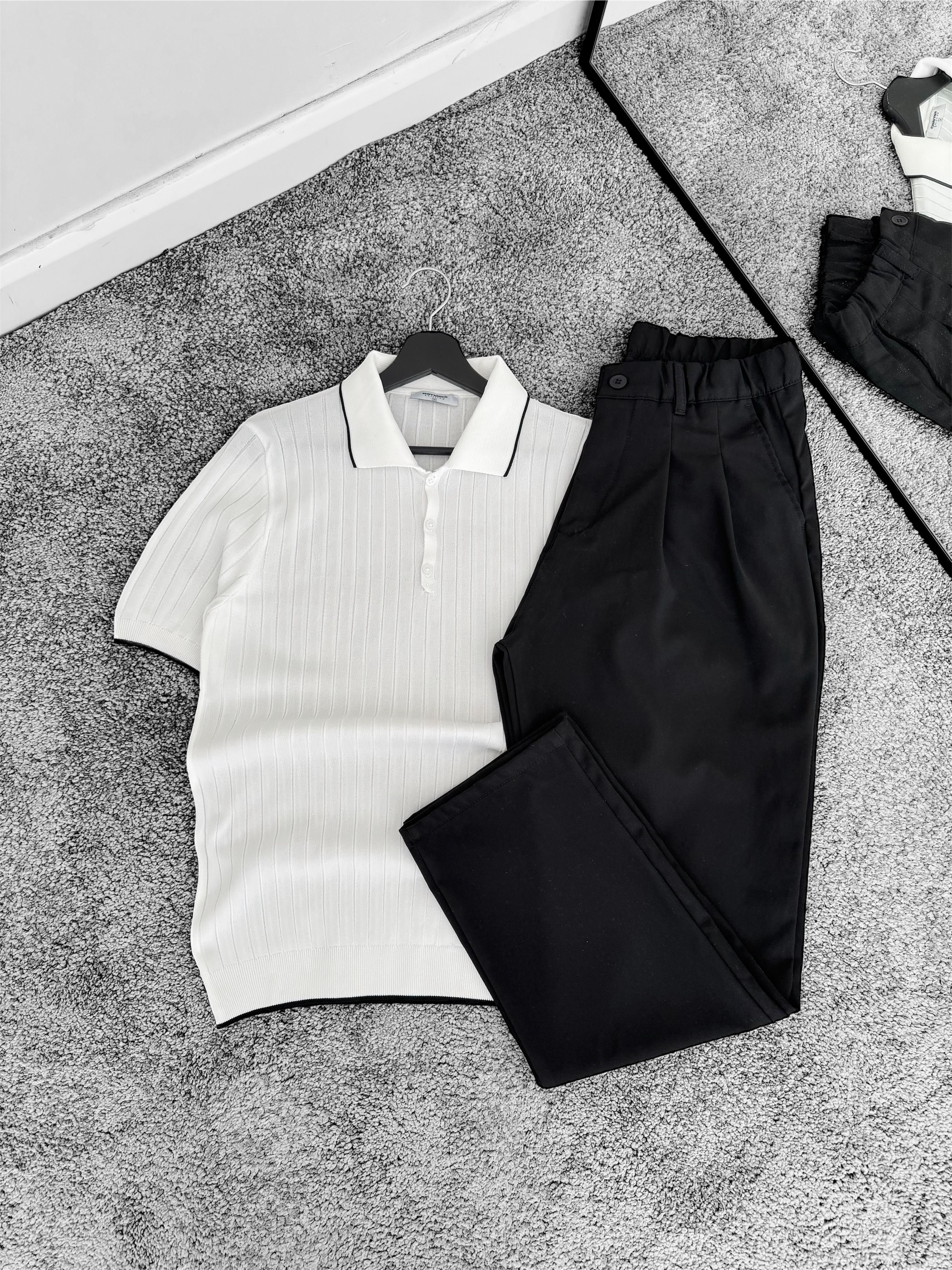 Beyaz MRK Polo Yaka Düğmeli Fitilli Tişört & Siyah Kumaş Pantolon (VV313)