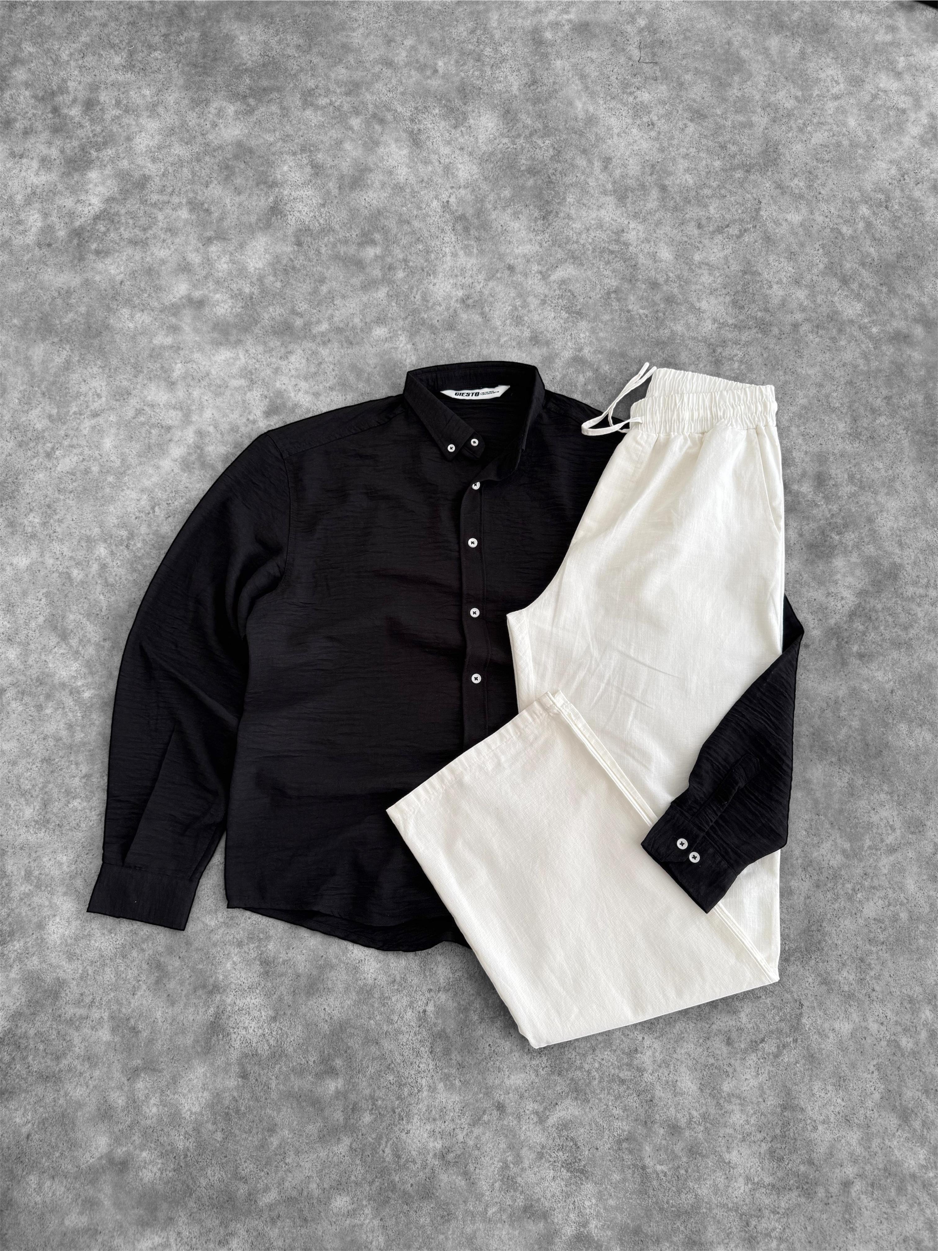 Siyah Oversize Keten Gömlek & Ekru Giesto Baggy Kalıp Keten Pantolon (VV347)