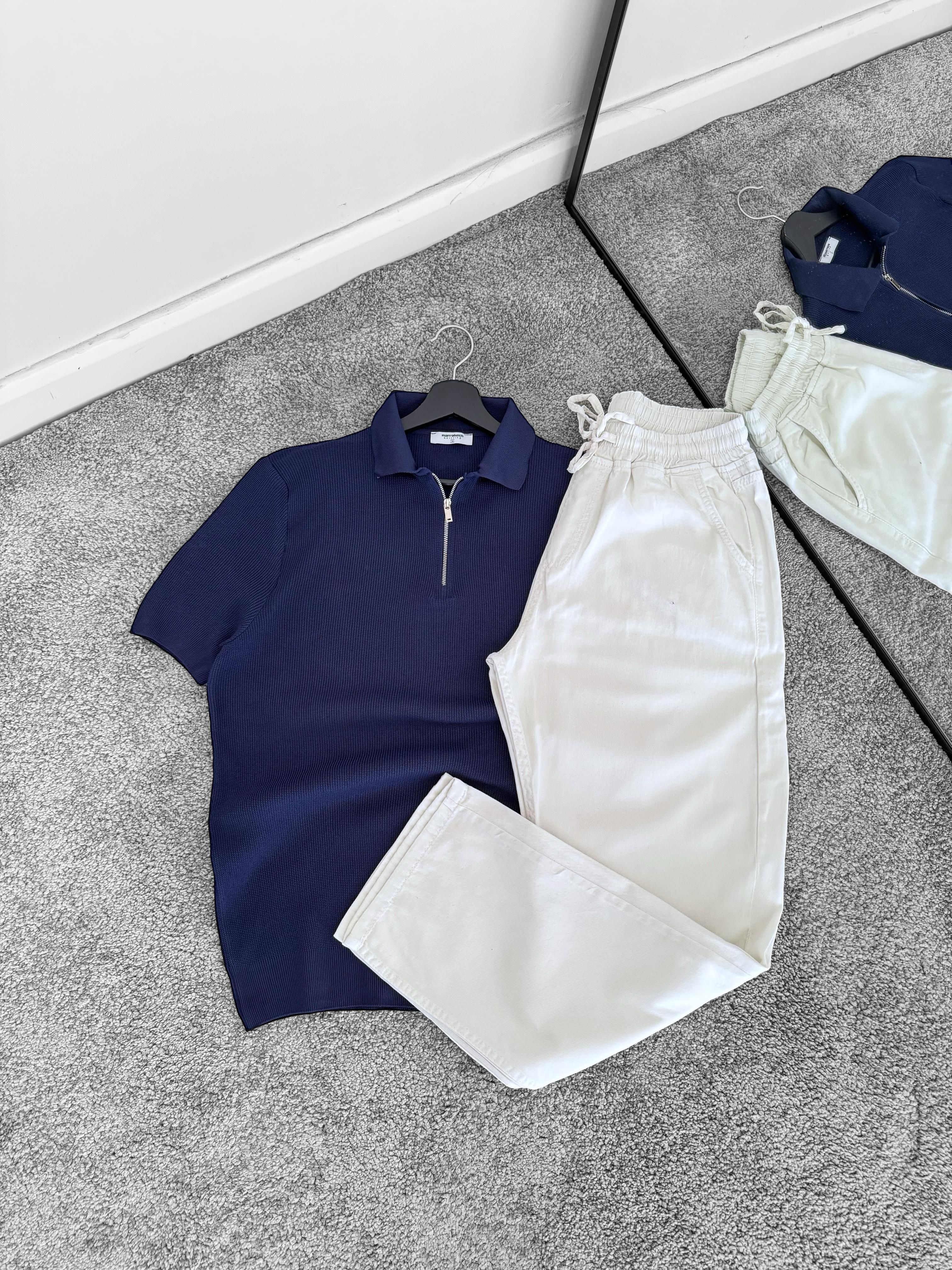 Lacivert Polo Yaka Yarım Fermuarlı Triko Tişört & Ekru Bağcıklı Baggy Pantolon(VV223)