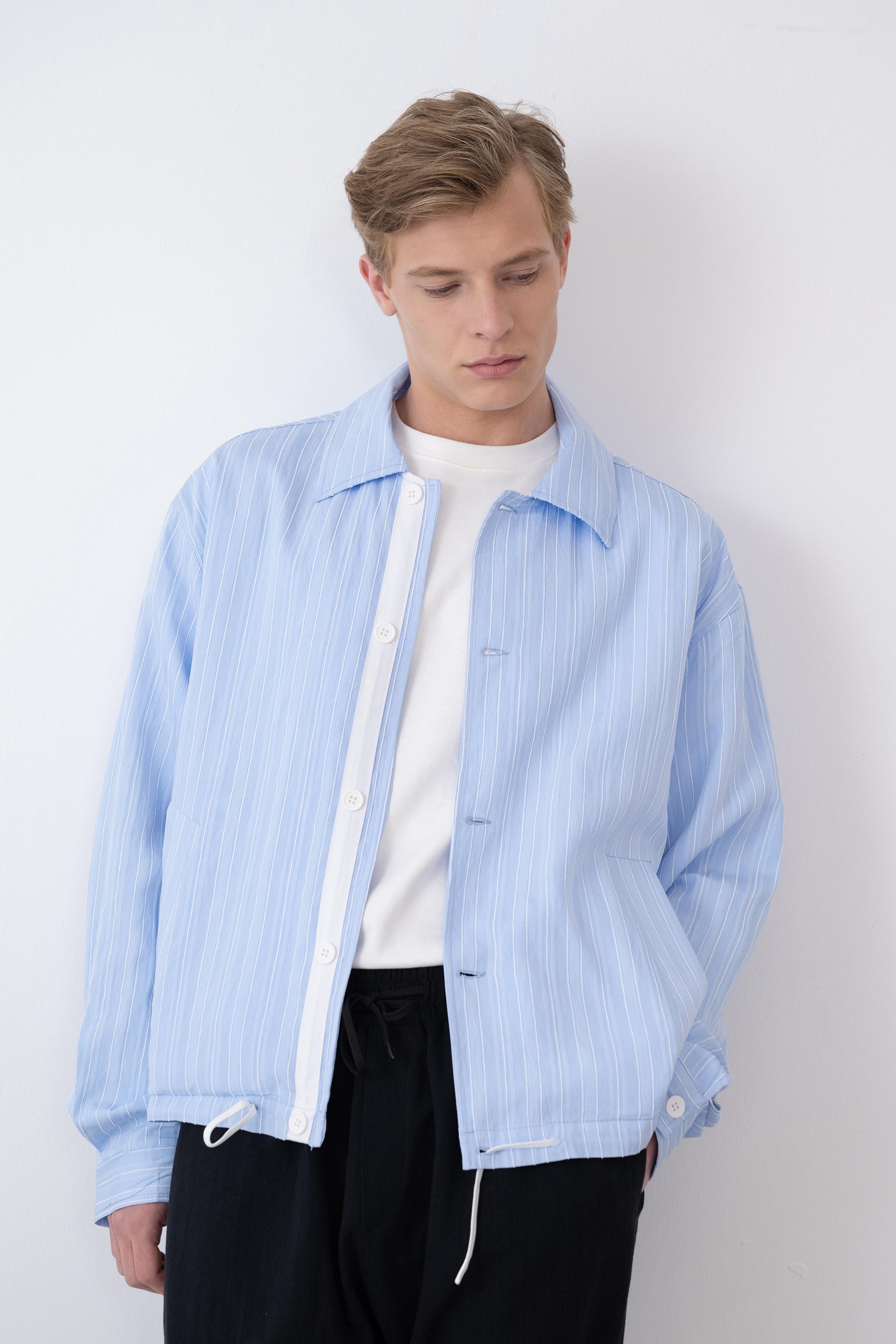 Astarlı Çizgili Oversize Ceket (VP104) - Bebe Mavi