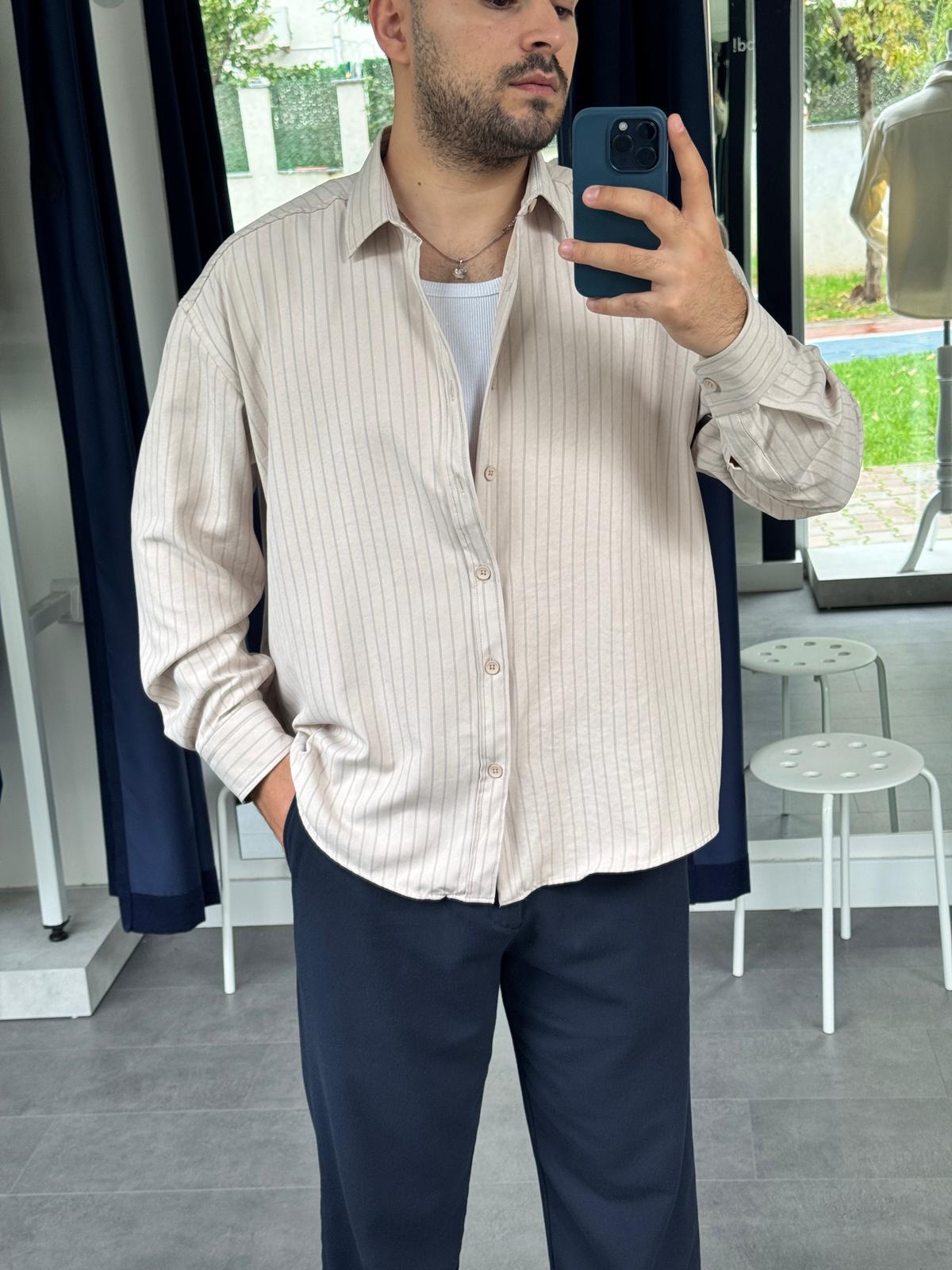 Snow Modal Kumaş Oversize Çizgili Gömlek (VV380) - Bej