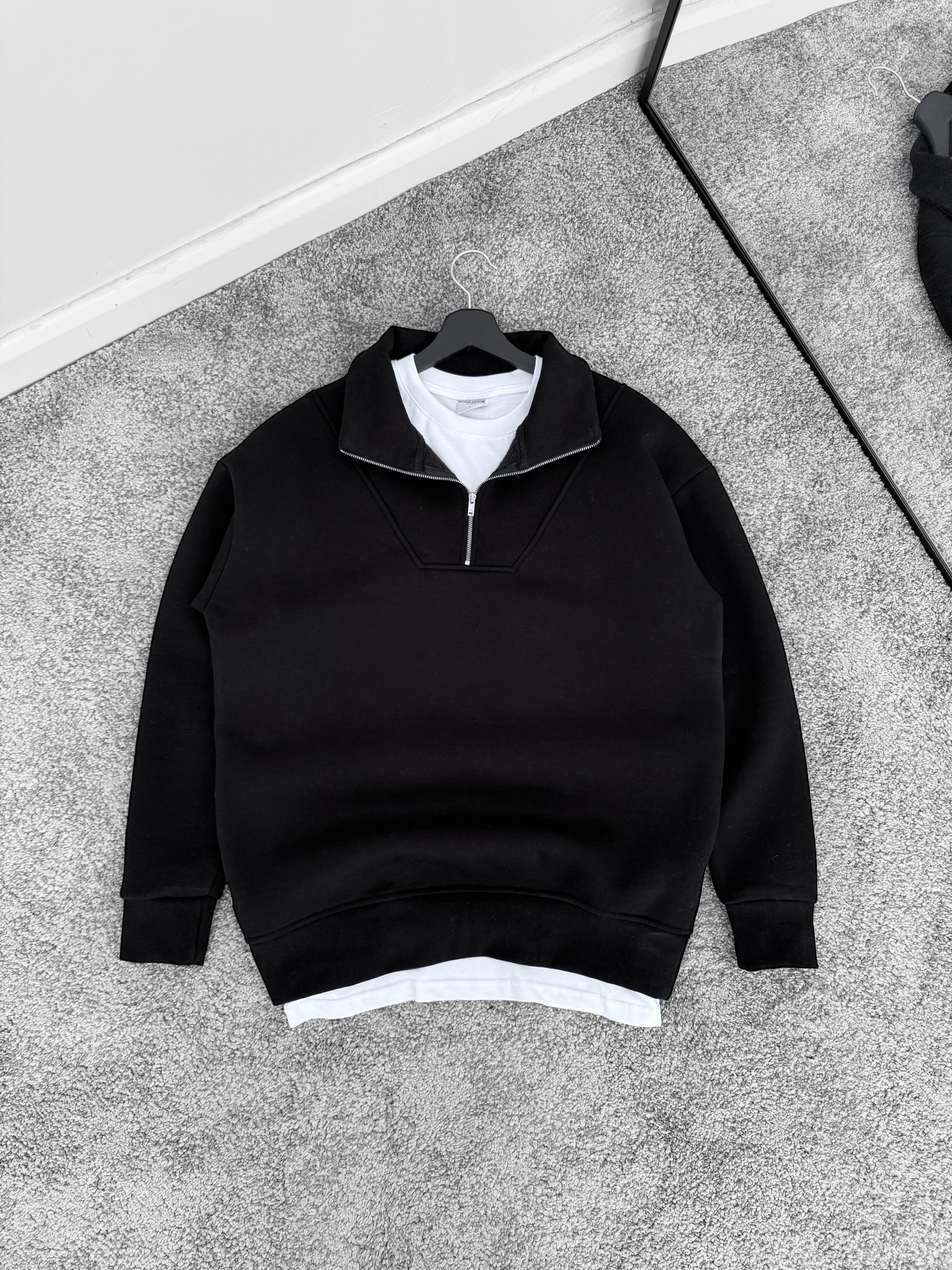 Siyah Üç İplik Şardonlu Yarım Fermuarlı Sweat & Buz Mavi Kot Boyfriend Pantolon (VV184)