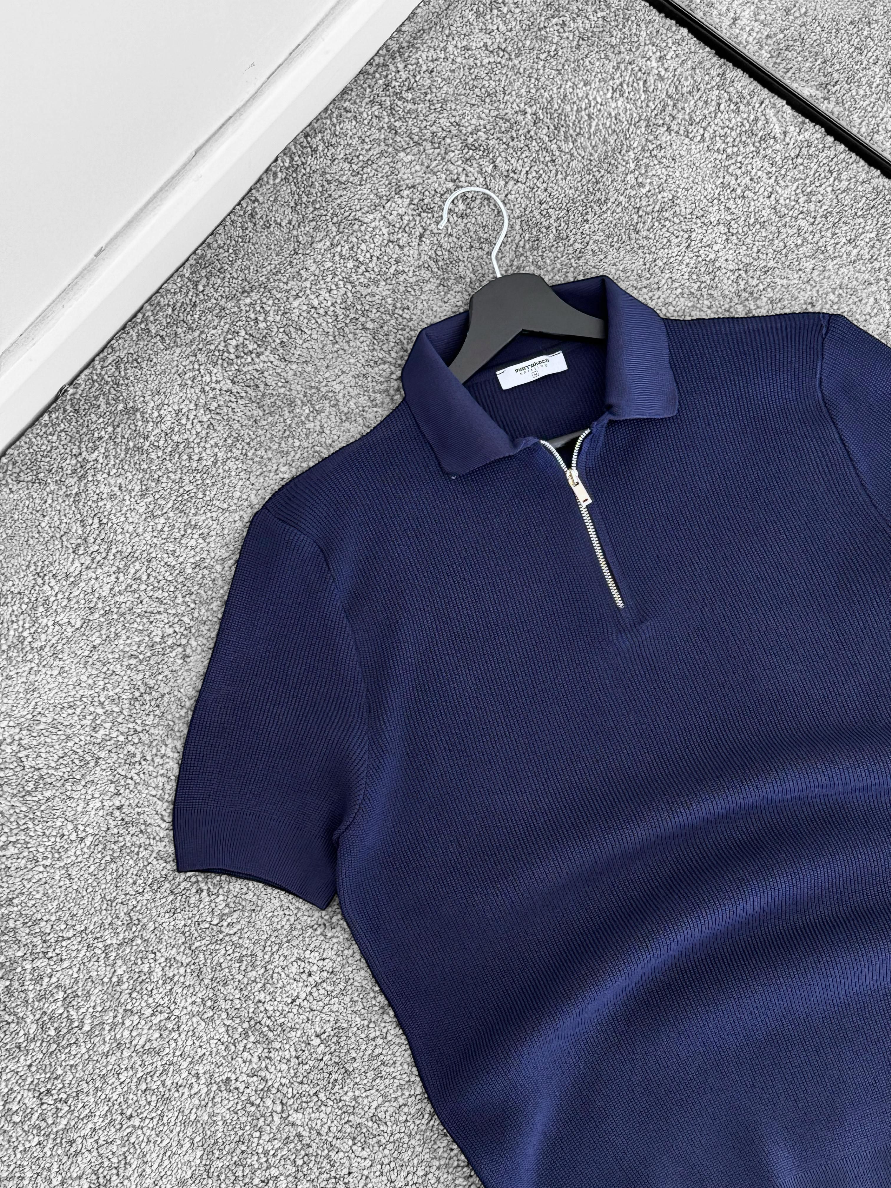 Lacivert Polo Yaka Yarım Fermuarlı Triko Tişört & Ekru Bağcıklı Baggy Pantolon(VV223)