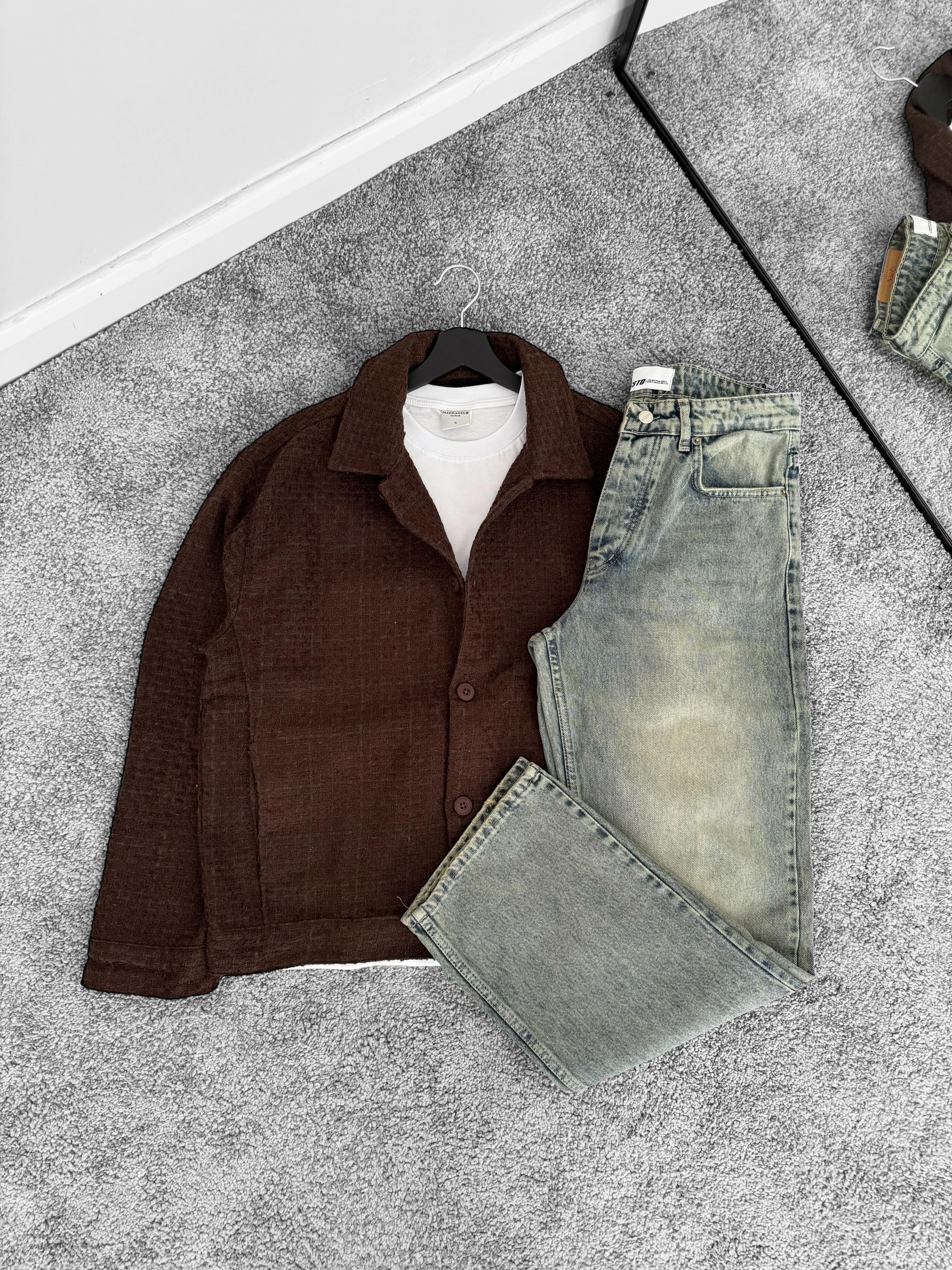 Acıkahve Düğmeli Kaşmir Crop Top Ceket & Premium Baggy Kot Pantolon (VV168)