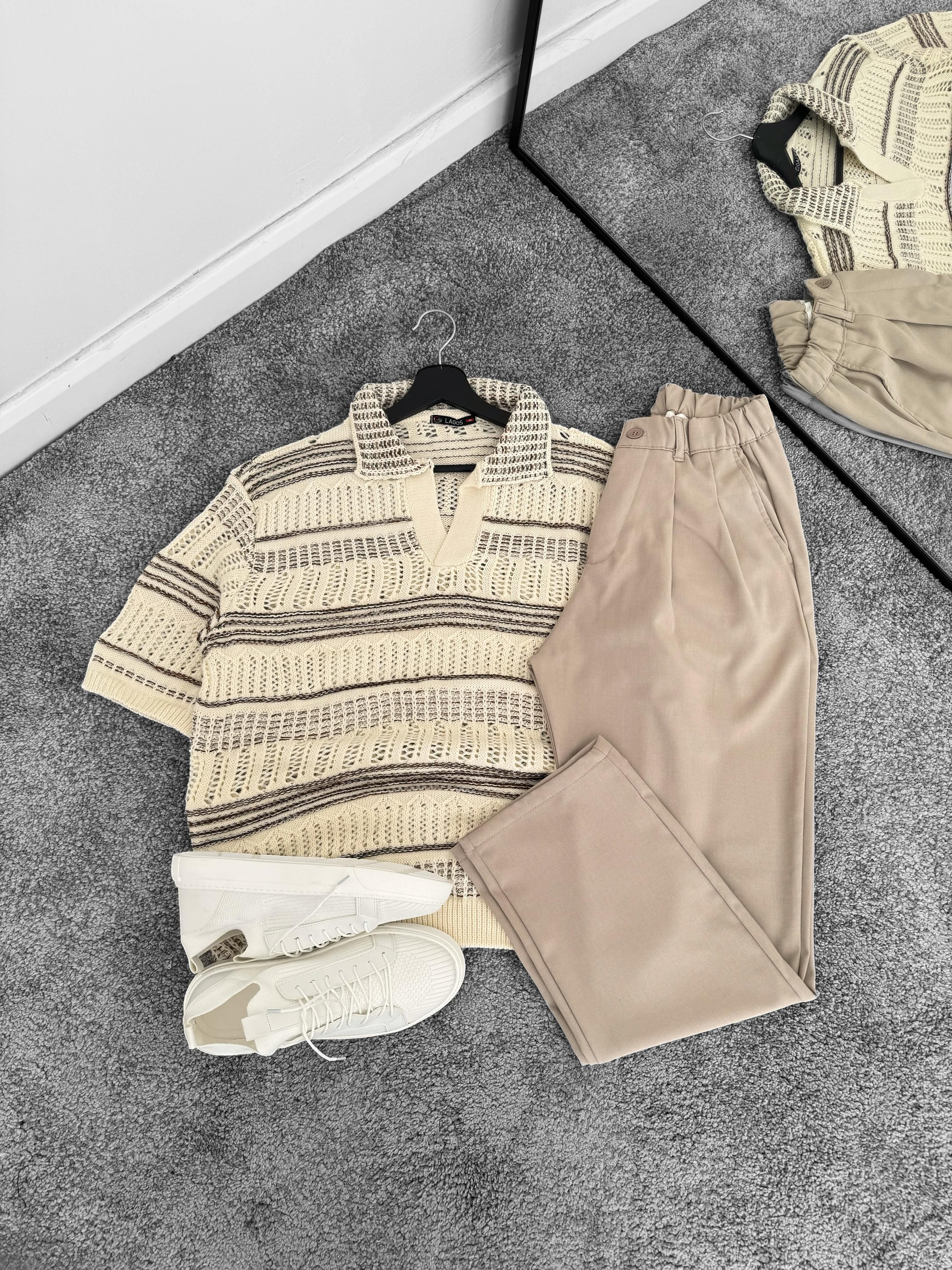 Bej ZR Kalın Kumaş Kroşe Tişört & Bej Kumaş Pantolon (VV255)