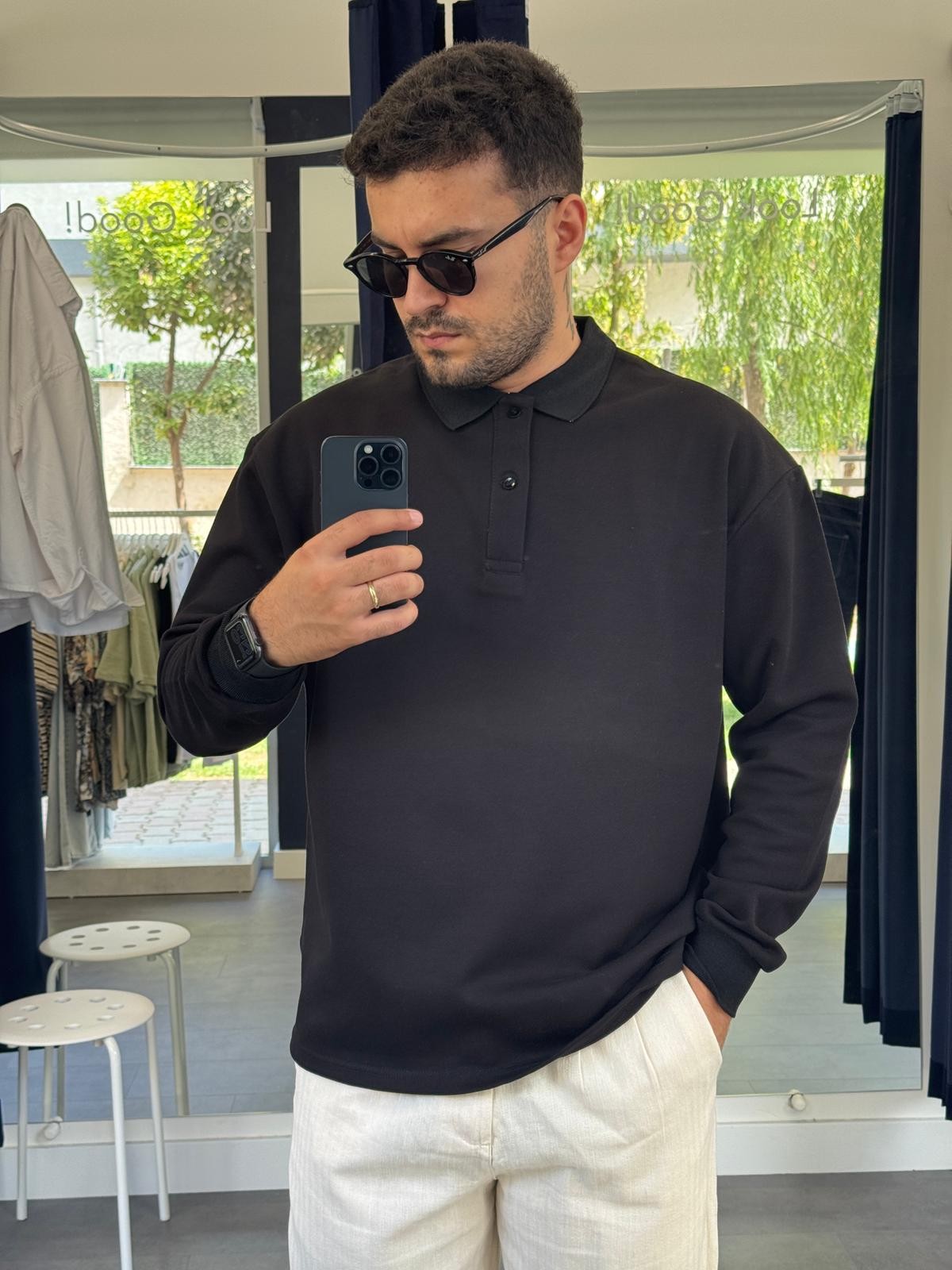 Polo Yaka Düğmeli Oversize Uzun Kol Kalın Tişört (VV369) - Siyah