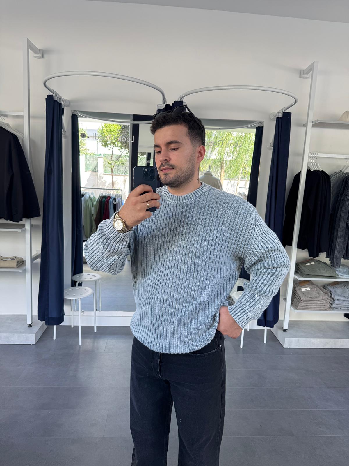 Yıkamalı Oversize Triko Kazak (VV377) - Gri